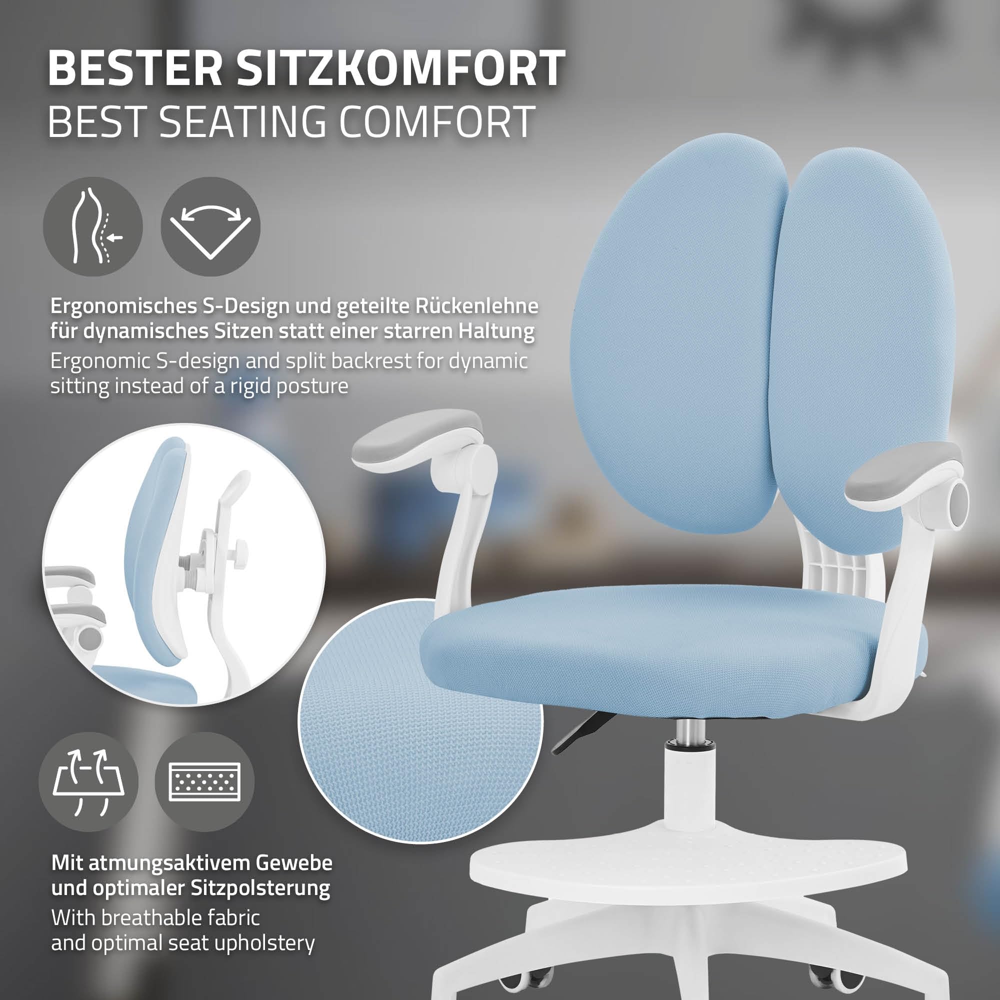 ML-Design Chaise de Bureau pour Enfant, 95-107 cm Bleu avec Dossier Divisé et Repose-Pieds, Fauteuil d'Étude Ergonomique Pivotant à 360°, Hauteur Réglable, Accoudoirs Rabattables, Tissu Respirant