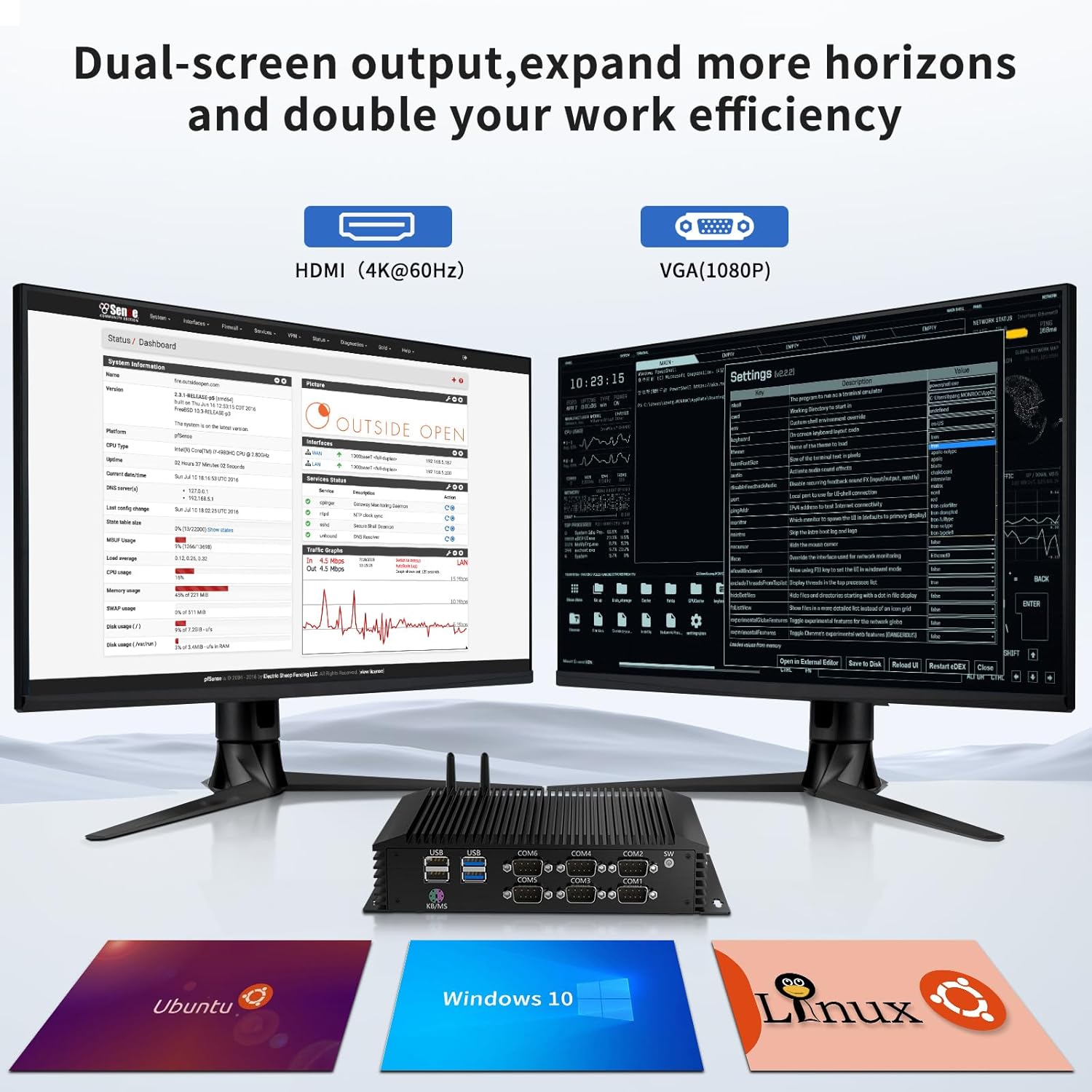 Fanless Industrial PC, Mini Desktop Computer i7-7510U, Windows 10 Pro, 32G DDR4, 1T NVME SSD, Dual 2.5G LAN, 6xCOM RS232/RS485, HDMI/VGA, WiFi 5/BT4.0, Auto Power On, Full Metal Case