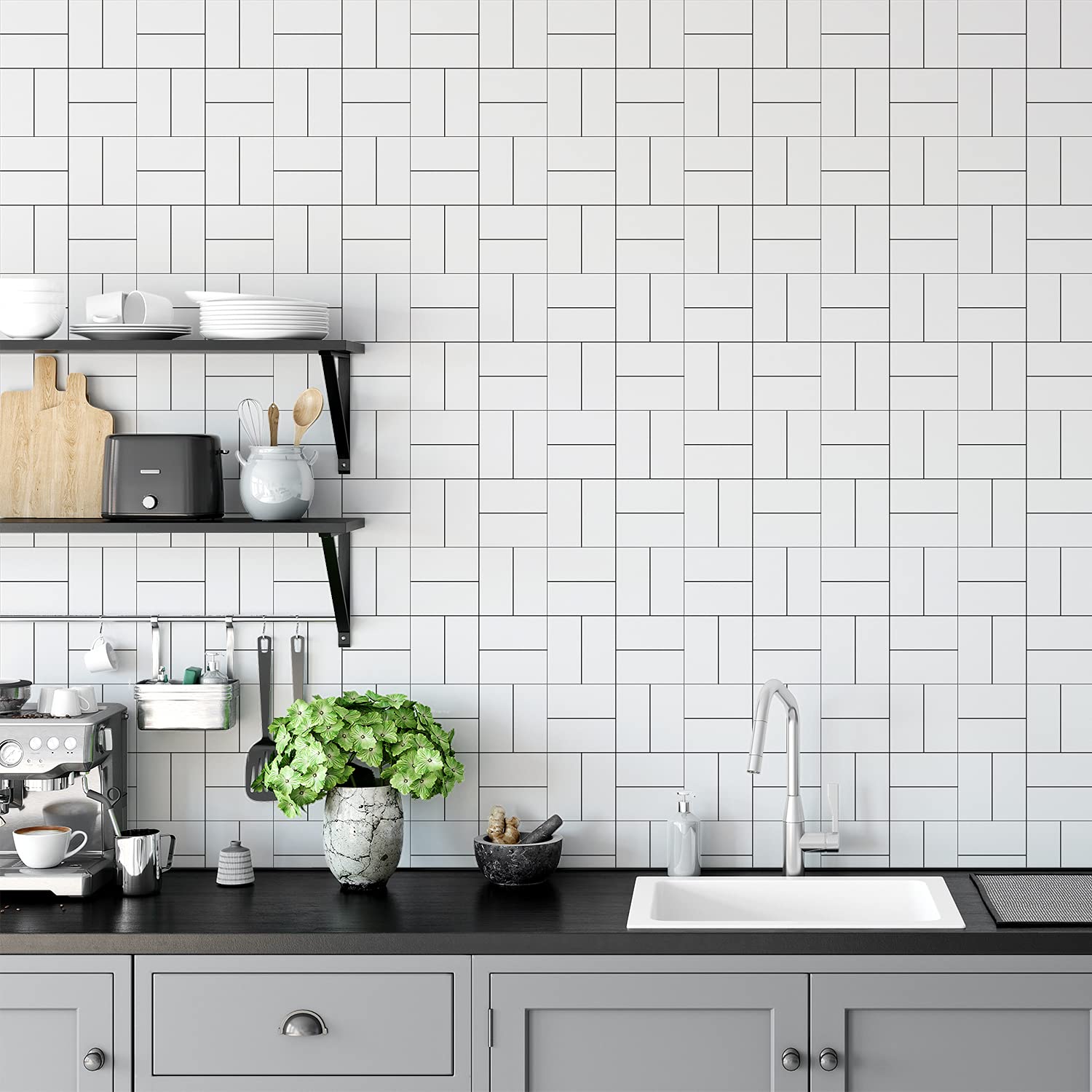 Floor Wall Tile Transfers Sticker for Home Decor, Peel & Stick self-Adhesive splashback, Tile Decals for Living Room Kitchen Bathroom Decor, 20X20cmX 10 Pcs, White and Black Line Tile Sticker