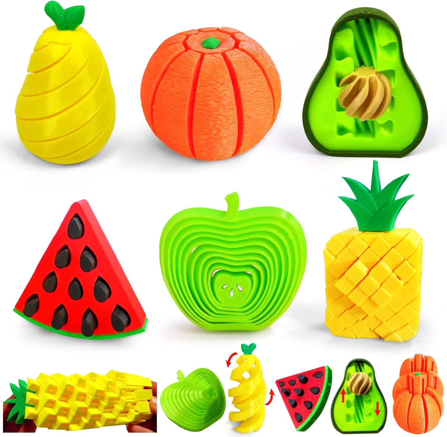 3D Printed Fidget Fruit Toy Set of 6, Sensory Stress Relief Toys for Adults, Pop It Pushable Sensory Toys with Apple Orange Avocado for Anxiety ADHD Focus​