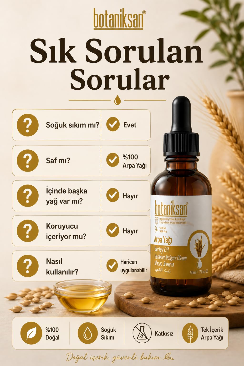 Botaniksan Arpa Yağı 50ML Soğuk Sıkım, Saf, Doğal, Katkısız