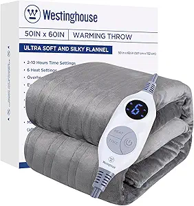 Westinghouse Electric Blanket Heated Throw, Super Cozy Soft Flannel 50"" x 60"" Heated Throw with 6 Fast Heating Levels & 2-10 Auto-Off, Machine Washable, ETL&FCC Certification, Light Grey
