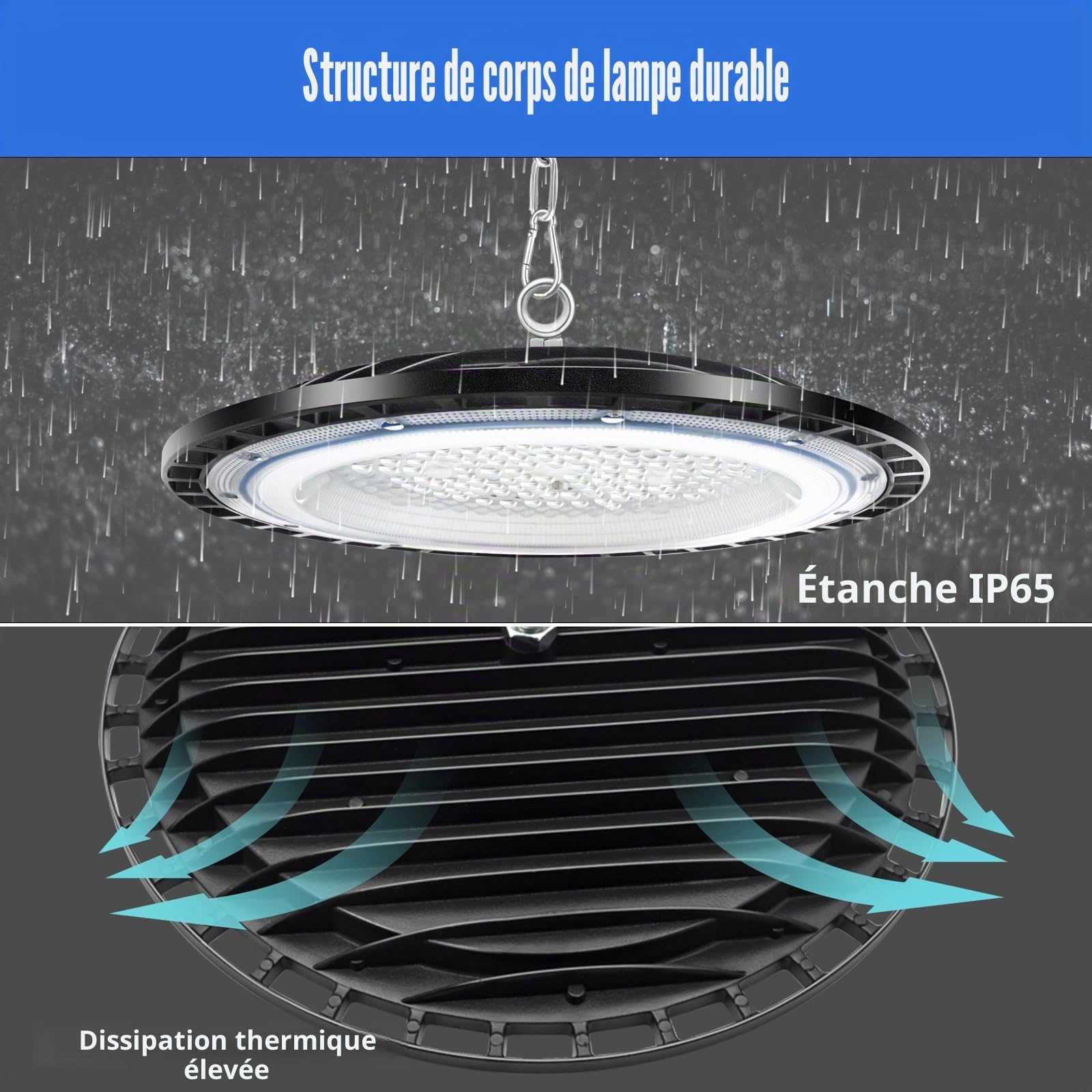 100W UFO LED High Bay lumière, éclairage de Magasin à LED avec 1 mètre chaîne, 10000LM 6500K, Projecteur LED Intérieur, éclairage de baie commerciale étanche IP65 pour entrepôt, garage (Paquet de 4)