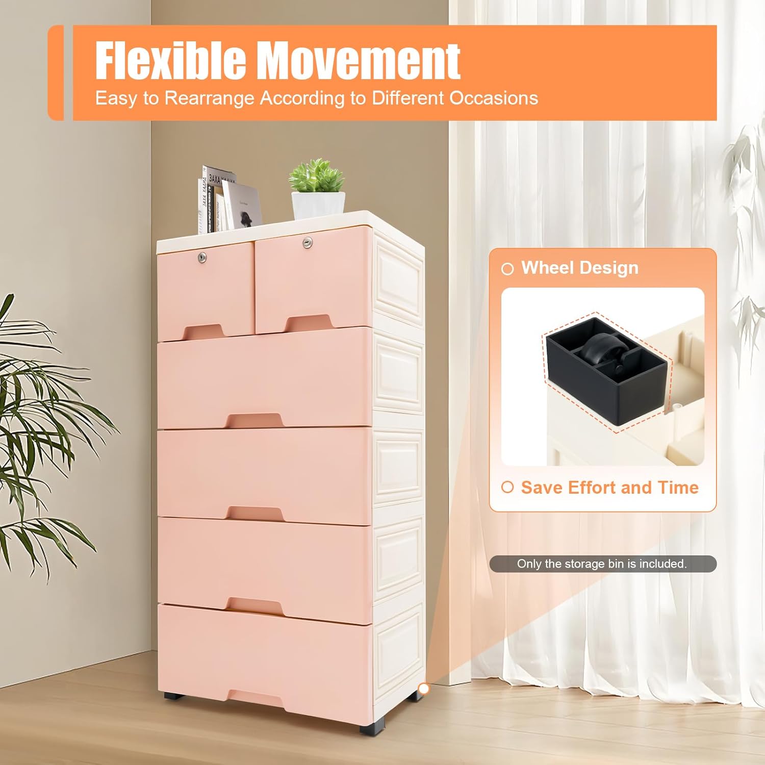 Plastic Drawers Dresser, 6 Drawer Storage Cabinet with Lock and 4 Wheels, Stackable Storage Drawers, Tall Dresser Organizer for Organizer Unit Home Office Bedroom