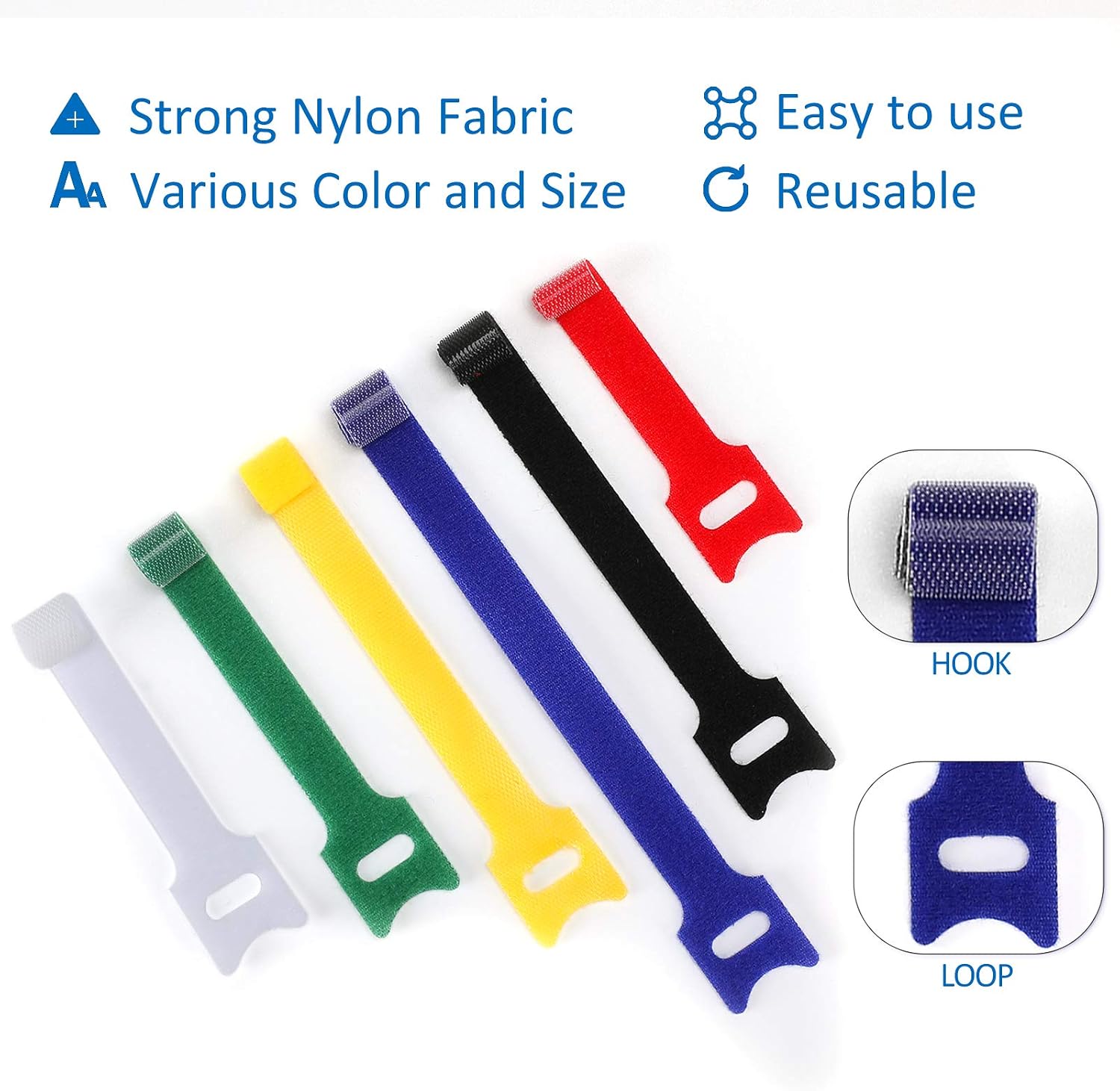 KAIKECOM 60 Pcs Reusable Fastening Cable Ties,Adjustable Strap Fastener,Cable Organizer, Fastening Hook and Loop;Cord Ties for Management;3 sizes and 6 colors