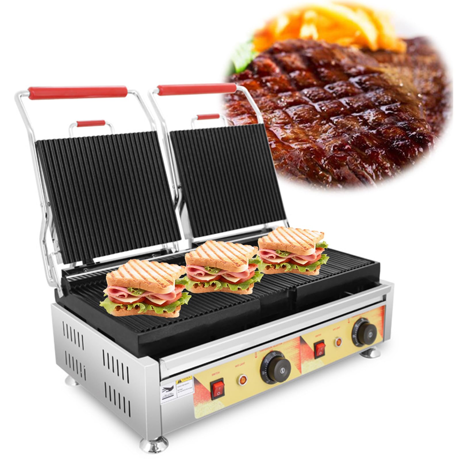 Panini Press Sandwich Maker, Grill Elettrico 3800W con Doppie Piastre Antiaderenti, Indicatori Luminosi, Controllo Temperatura Indipendente, Tostadora De Pan in Acciaio Inossidabile