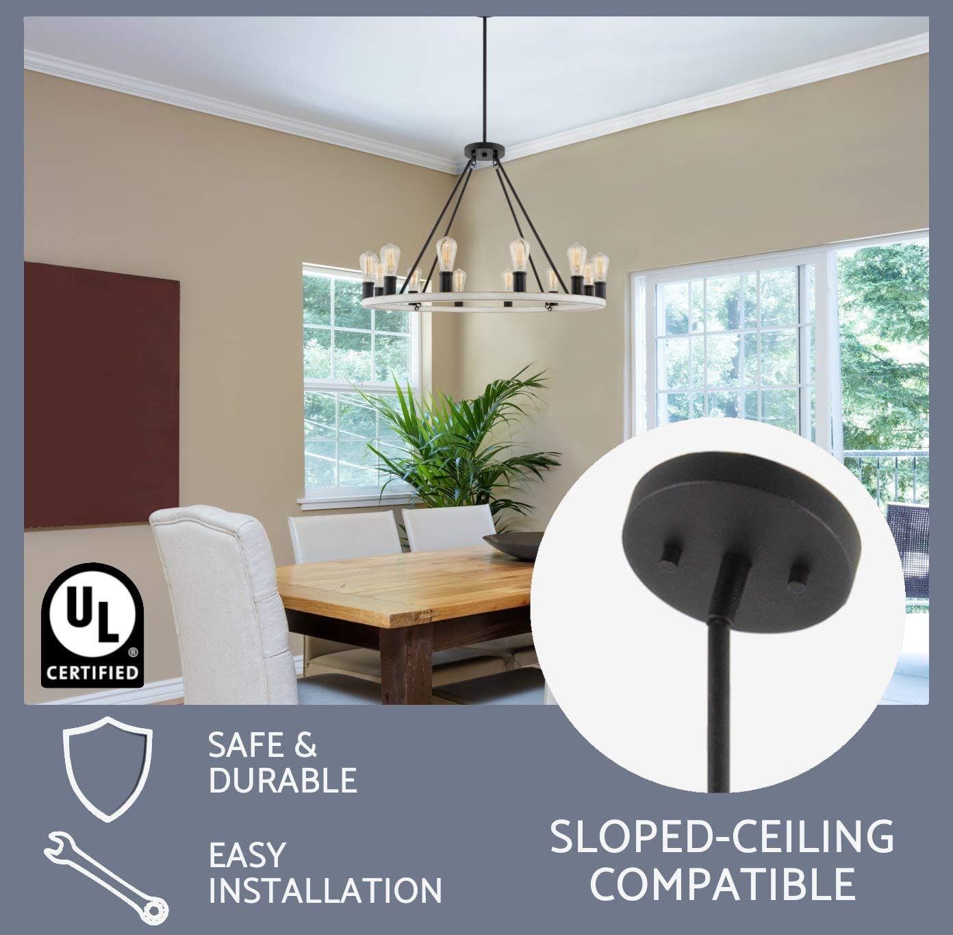 Hоttеѕt Sаlеѕ Kira Home Jericho 36 12-Light Large Rustic Farmhouse Wagon Wheel Chandelier, Round Kitchen Island Light, Textured Black Accents + White Ash Wood Style Finish