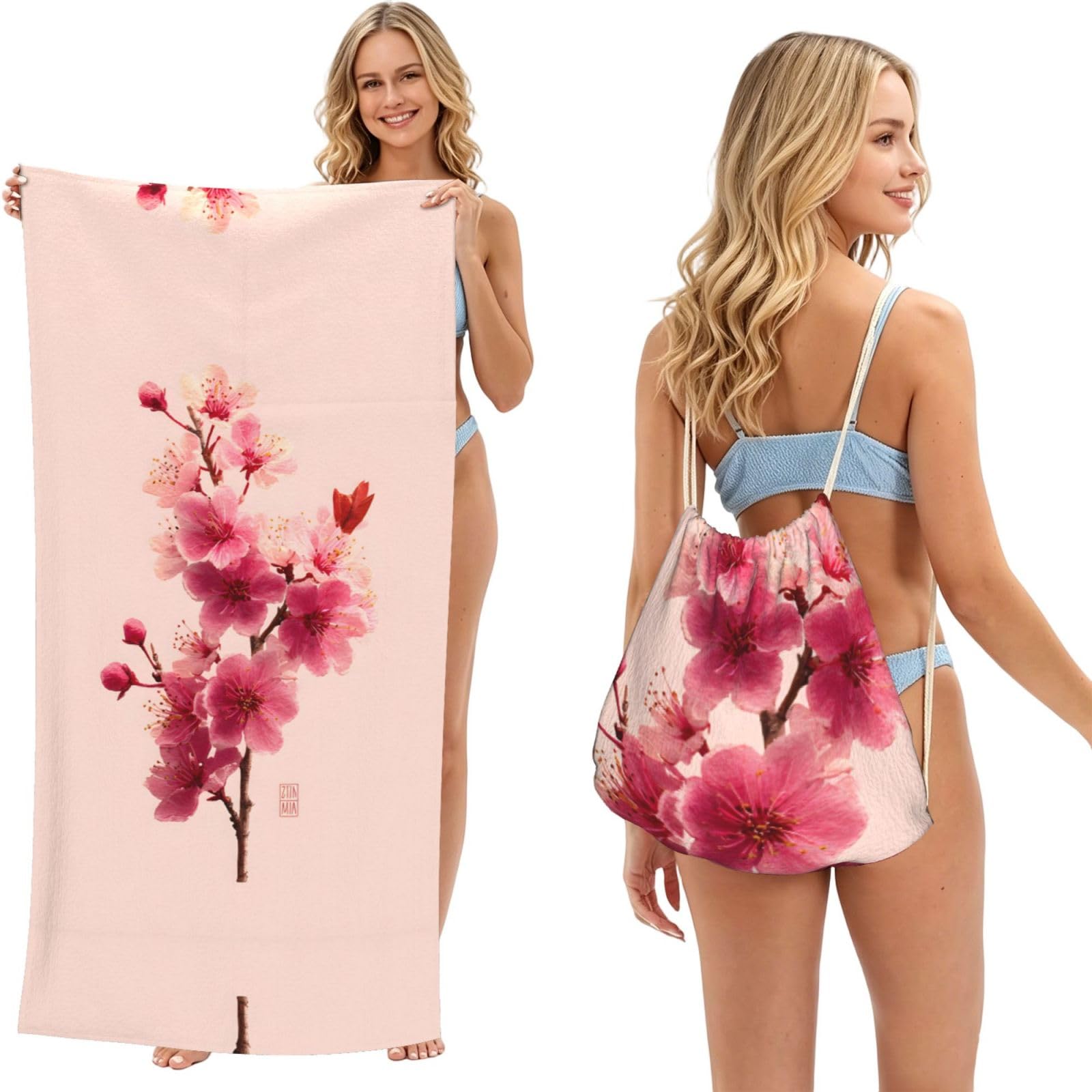 EZDLOWVBA Cherry Blossoms Print Beach Towel Backpack 2 In 1 Summer Large Lightweight Beach Towel - Multifunctional Ship Pattern Towel Bag For Storage,Sport