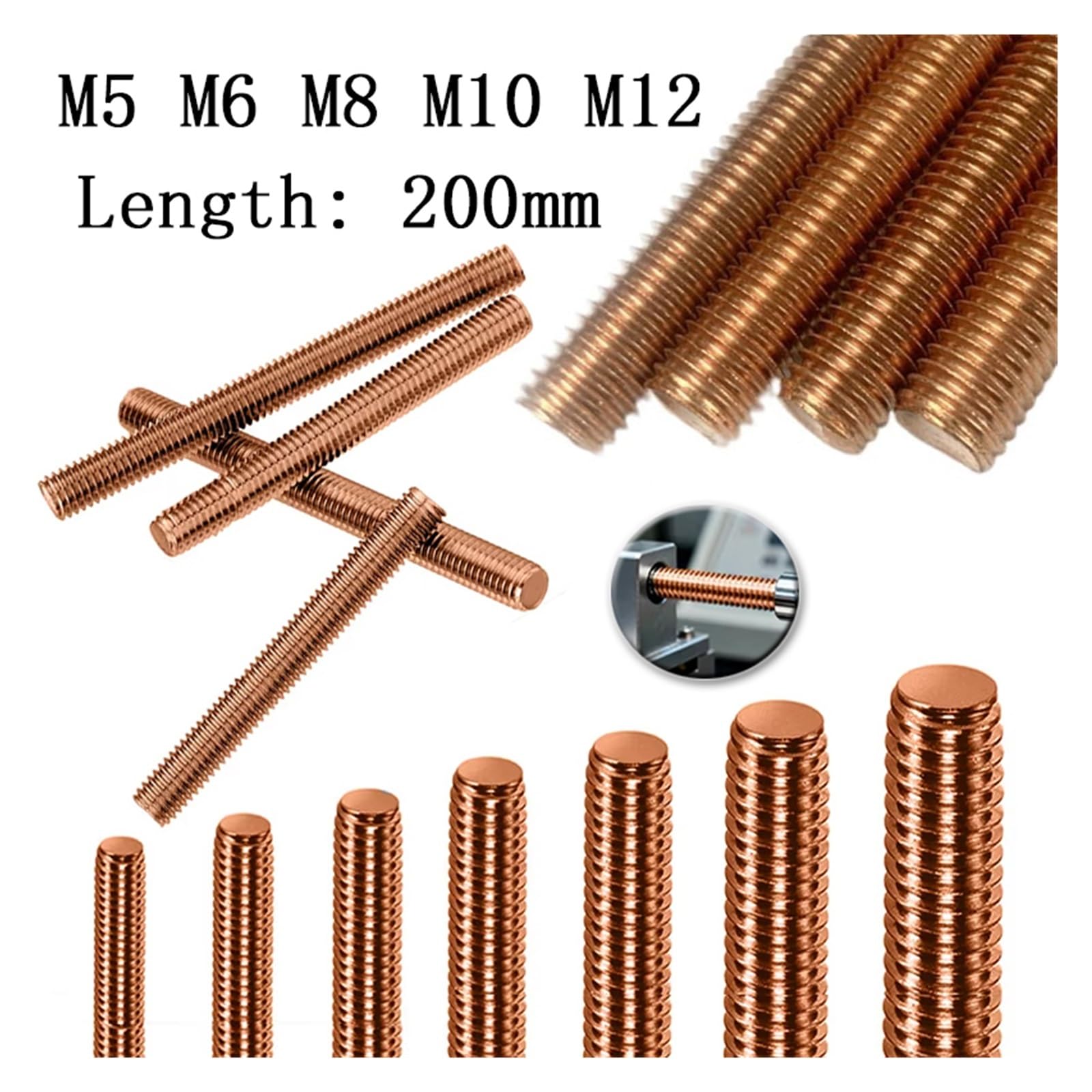 Varilla Roscada Perno de varilla roscada M5 M6 M8 M10 M12 Tornillos varillas rosca sin cabeza métricas Fullys(M10x200mm)