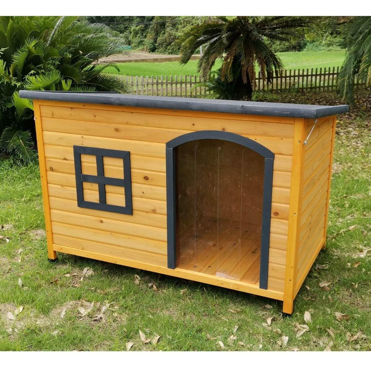 Animal Valley - Niche à Chien avec Isolation - Bois et Shingle - L 126 x l 80 x H 80 cm - Taille L - Beige et Gris - pour Grands Chiens