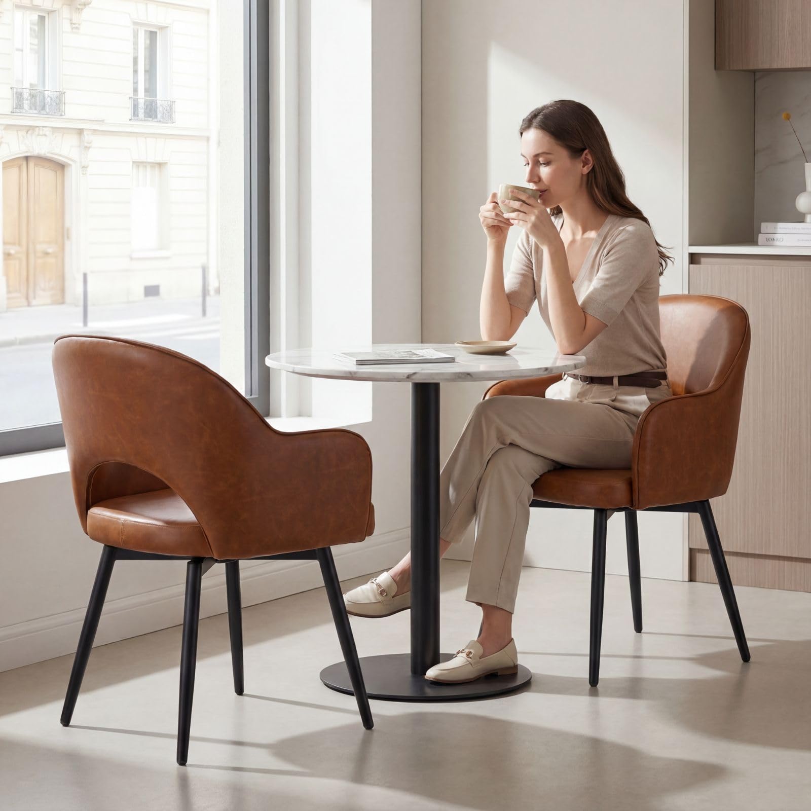 Ya-Home Juego de 2 Sillas de Comedor Silla Cocina Giratoria,Marrón | PU Cuero, Giro 360, Patas Metal, Cojín Comodo , Brazos y Respaldo Hueca, Antideslizante, para Hogar/Restaurante, MAX 113KG