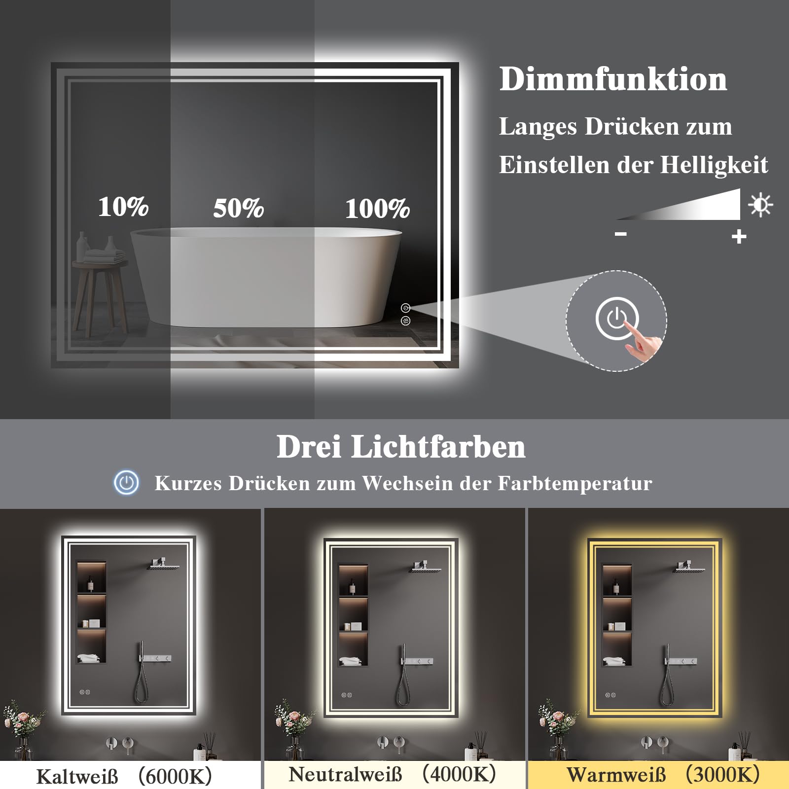 Badspiegel-mit-Beleuchtung 40x60cm - LED Badezimmerspiegel Badezimmer Spiegel mit Beleuchtung, Beschlagfrei, Touch-Schalter, 3 Lichtfarben - Bad Spiegel mit Licht Horizontal/Vertikal
