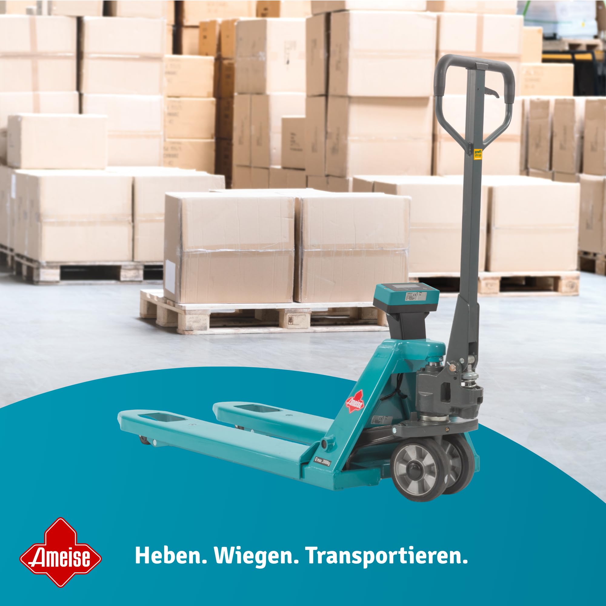 Ameise Hubwagen PTM mit Waage | Display mit 1 kg Schritten | 2.000 kg Tragkraft | 1.150 mm Gabellänge | Vollgummi Lenkrad | Polyurethan Einfach-Gabelrollen | Schnellhub bis 120 kg