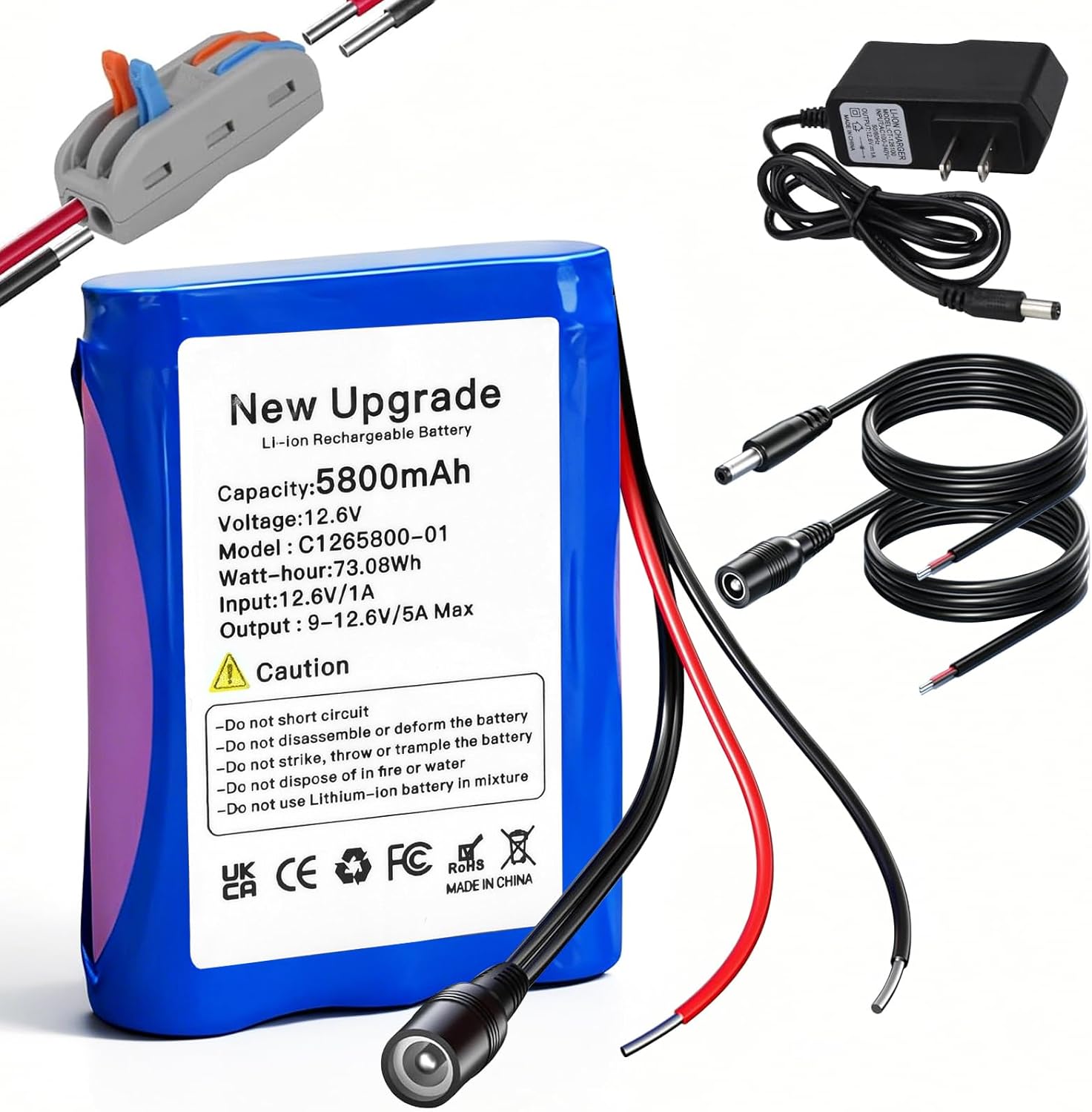12.6V 5800mAh Lithium-ion Battery with Charger & Connection Cable for Solar Panels, radios, Cameras, camcorders, Electronic Organs, DIY Reading Lamps, telescopes, Sonar, Signal Tools, etc