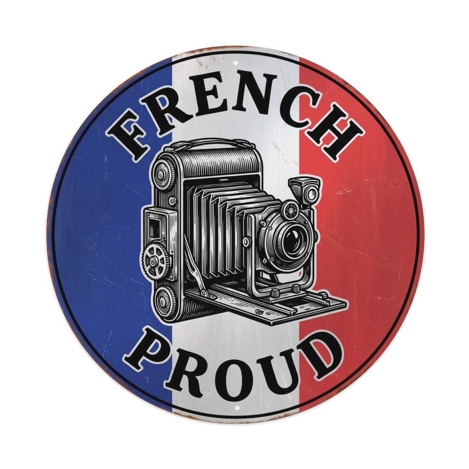 Olhnbad Style French Proud Camera Writing Art Heritage Emblem Metal Tin Sign