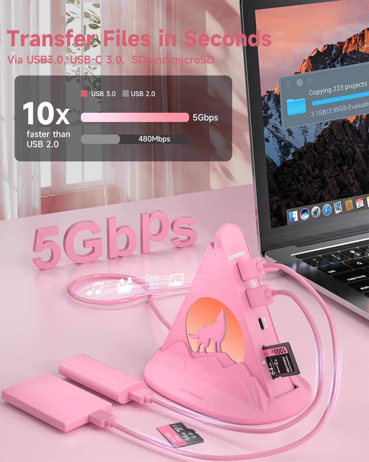 Hub USB C, adaptador multipuerto tipo C 8 en 1 rosa con HDMI 4K a 30Hz, 100W PD, 5Gbps 1xUSB-C, 3xUSB-A 3.0, ranuras SD/TF e iluminación RGB, hub USB rosa para MacBook Air/Pro, iPad, iMac