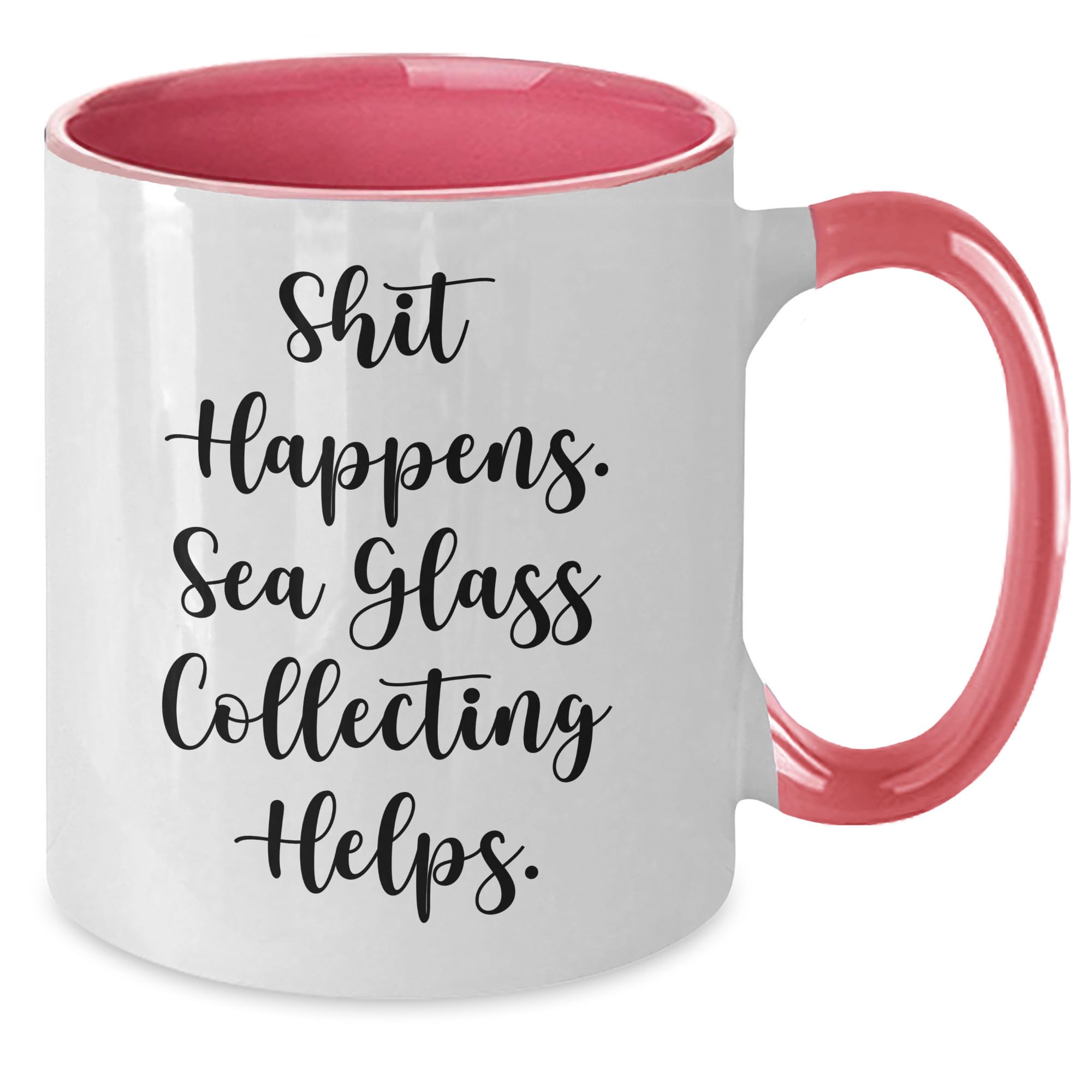Sea Glass Collecting Humor Two Tone Coffee Mug, Funny Gifts for Graduates, Sea Glass Enthusiasts, and Friends from Men, Women, Family, and Coworkers, Shit Happens. Sea Glass Collecting Helps.