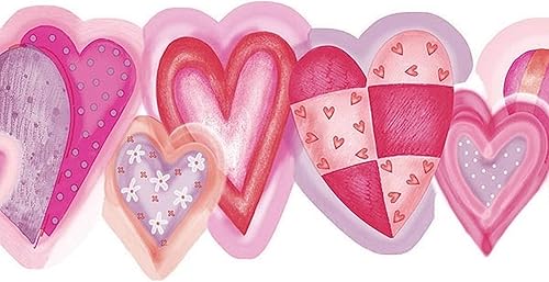 Miniatura 2 de Dundee Deco BD6279 - Borde de papel tapiz prepegado, diseño retro, diseño retro de corazones rosados, morado, rojos, 15 x 6 pulgadas (1.8 x 6.0in)