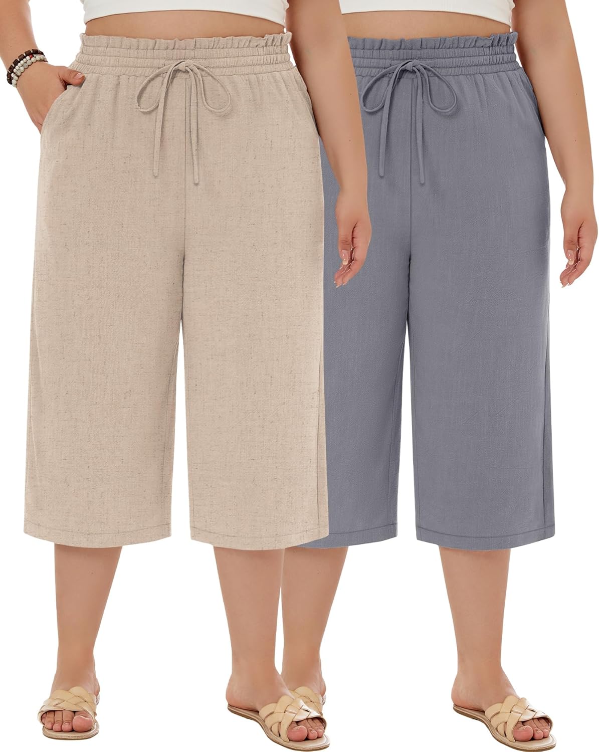 Neer 2 Pack Women's Plus Size Linen Capris Wide Leg High Waisted Drawstring Cropped Pants Beach Pants with Pockets - Image 2