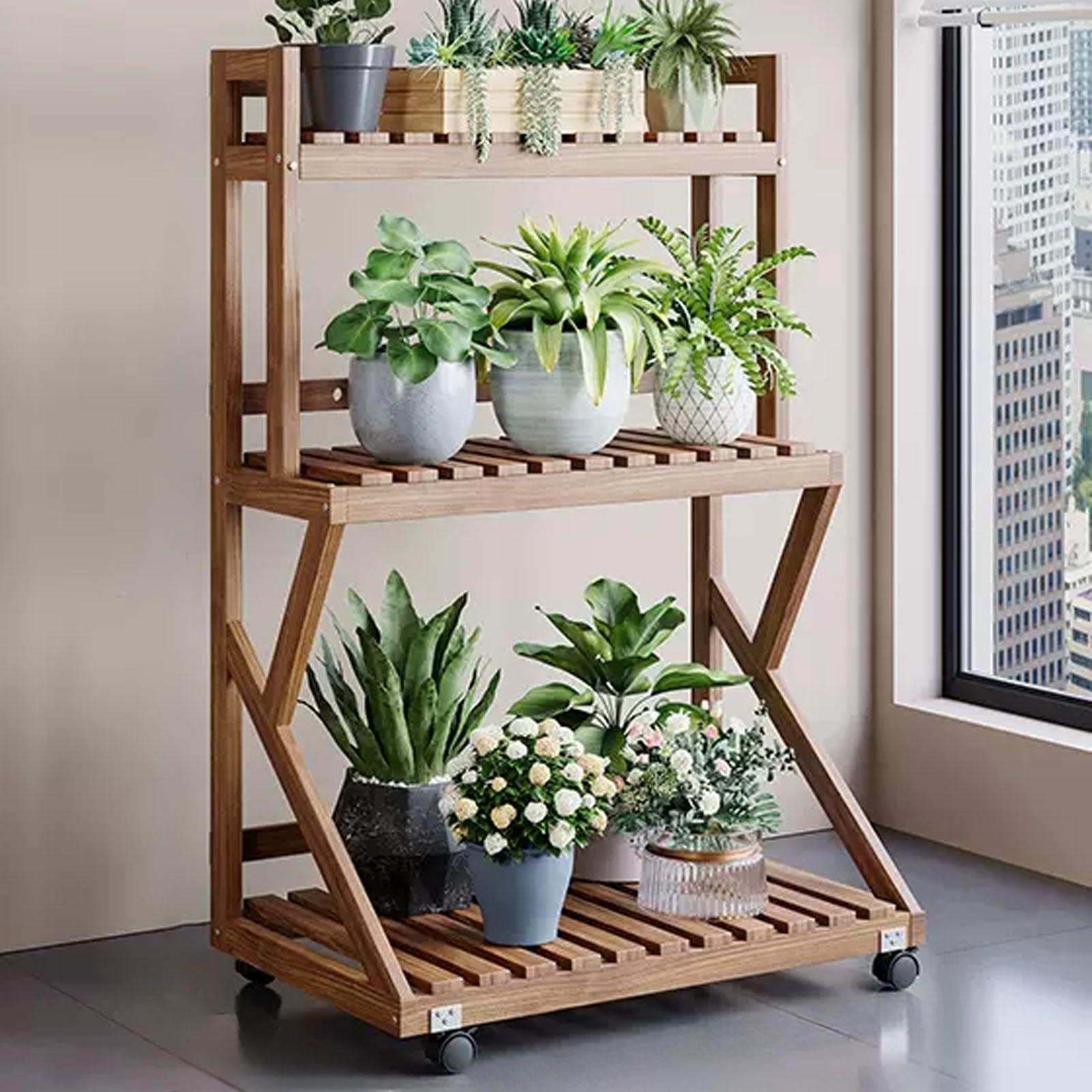 Étagère à 4 niveaux pour balcon intérieur support plantes bois gain de place