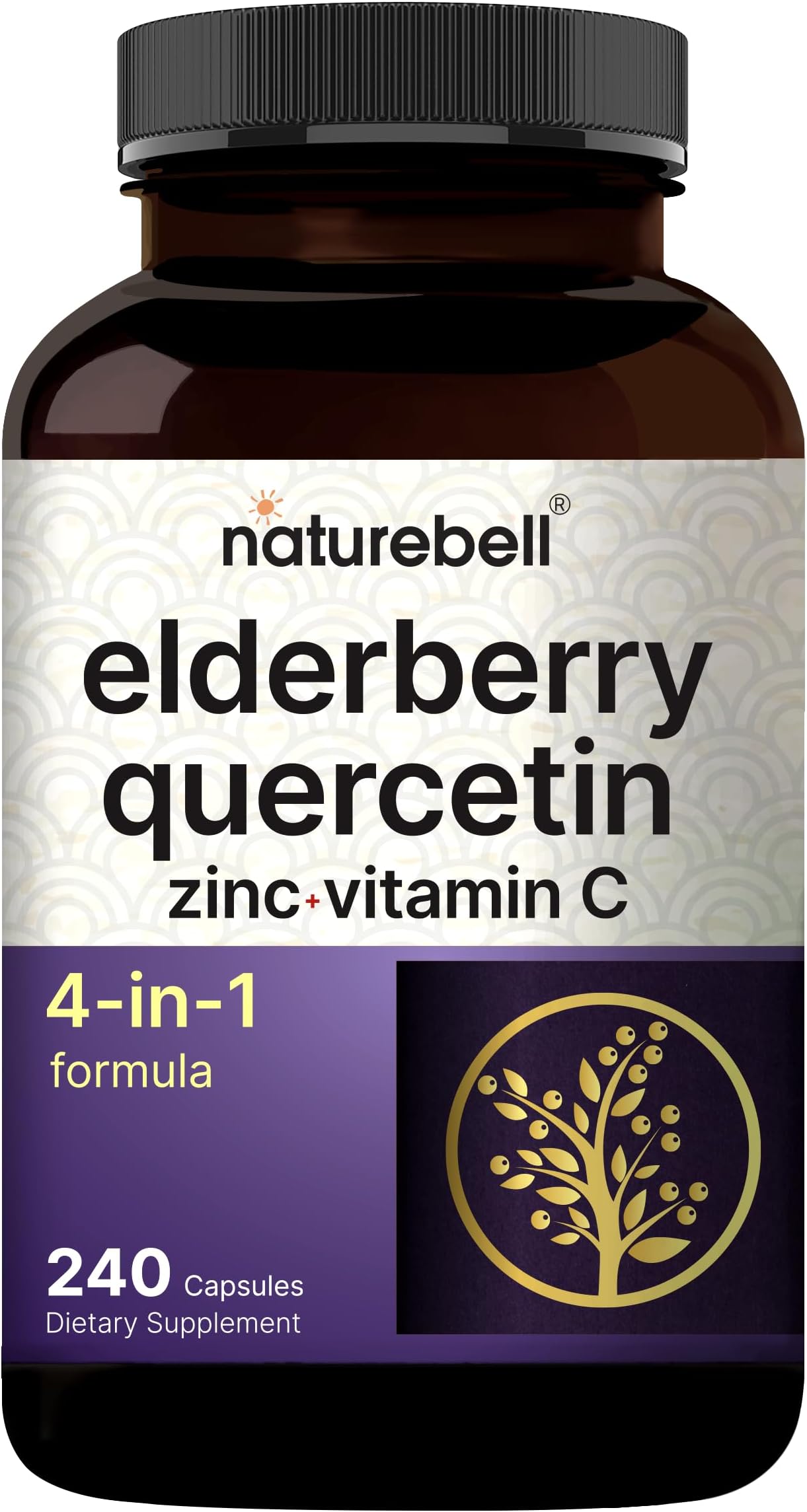 Elderberry Quercetin 4-in-1 with Vitamin C & Zinc, 240 Capsules | Traditional Herbal Supplement | 500mg Sambucus Nigra, 500mg Quercetin, 250mg Vitamin C, 50mg Zinc Picolinate per Serving