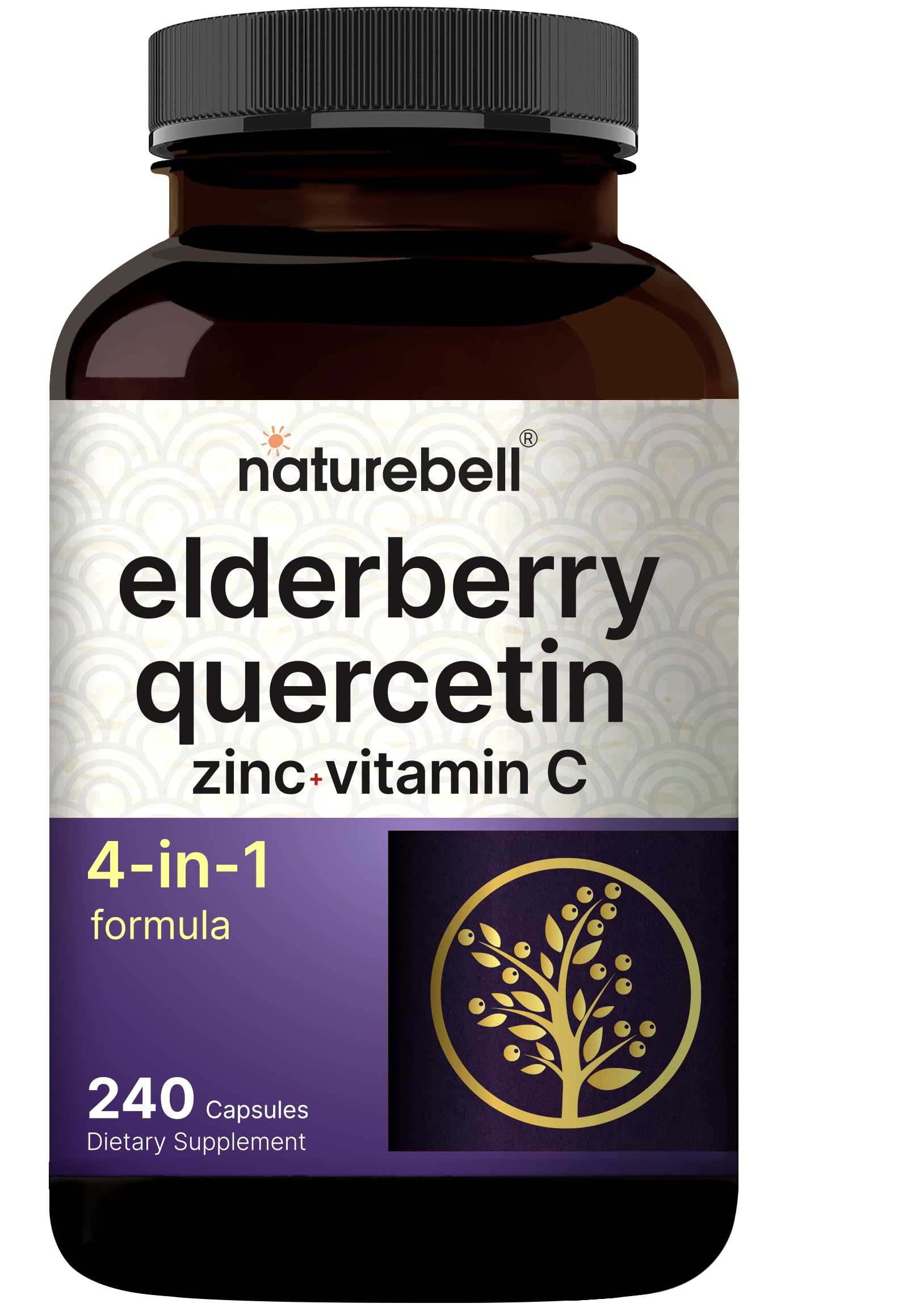 Elderberry Quercetin 4-in-1 with Vitamin C & Zinc, 240 Capsules | Traditional Herbal Supplement | 500mg Sambucus Nigra, 500mg Quercetin, 250mg Vitamin C, 50mg Zinc Picolinate per Serving