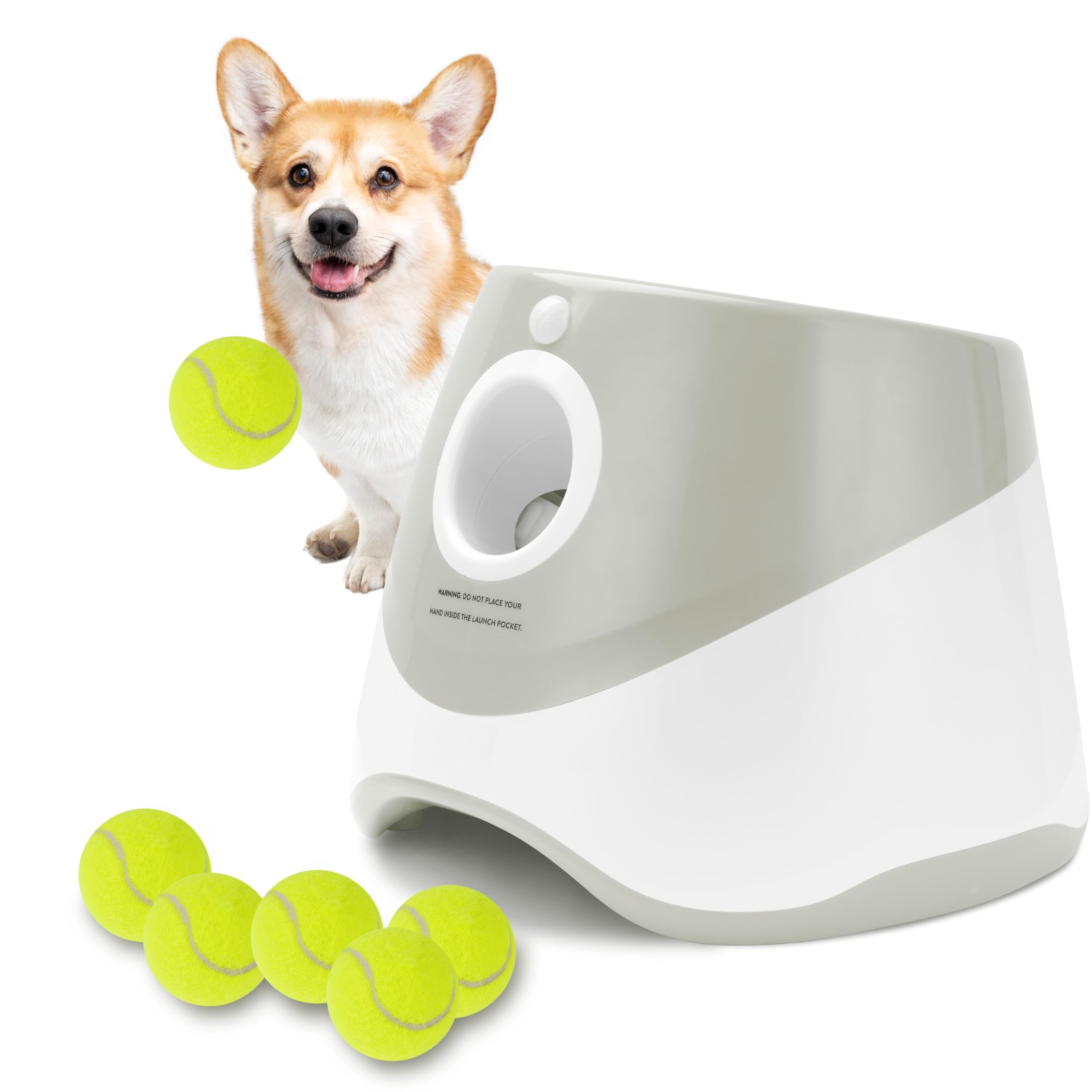 Elevon Dog Ball Thrower Launcher, Indoor/Outdoor Automatic Ball Launcher for Small and Medium-Sized Dogs, Includes 6 Mini Tennis Balls and a Data Line, Grey