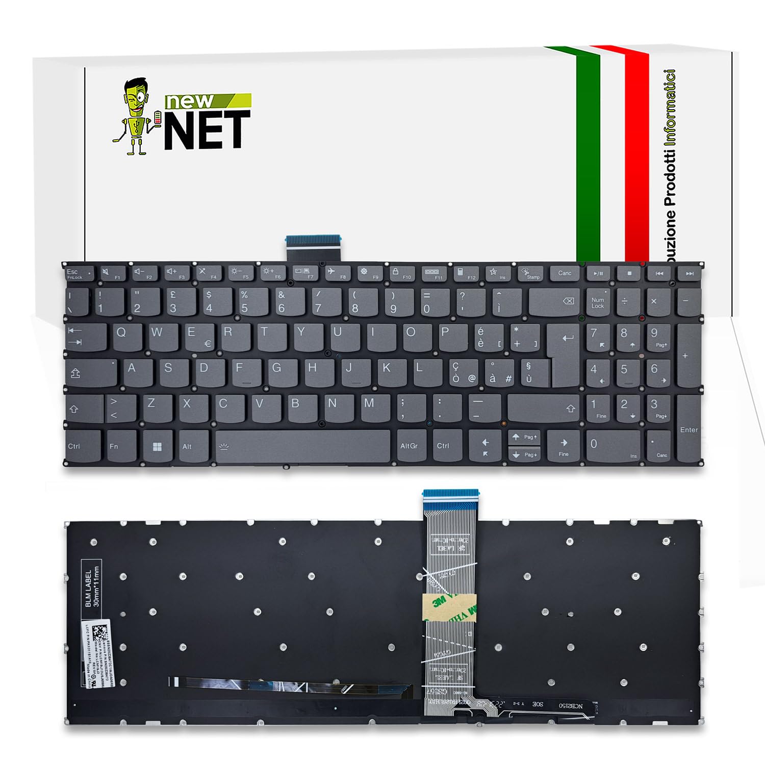 new net - Tastiera Compatibile con Lenovo ThinkBook 15 G2 Are (Type 20VG), 15 G2 ITL (Type 20VE) [Senza Frame - Colore Tasti Grigio - Retroilluminata - Layout ITA]