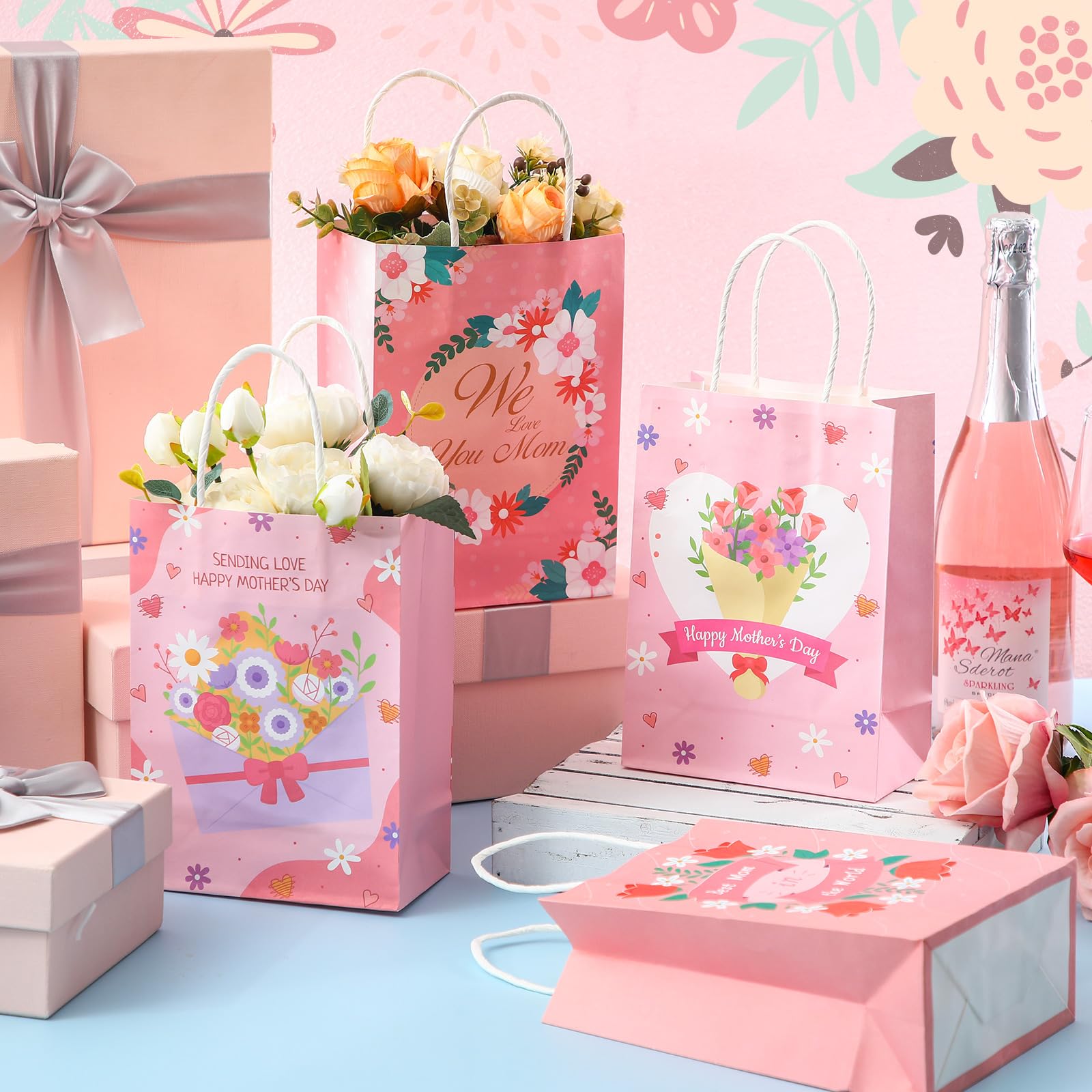 Yeaqee 100 Pcs Mother's Day Pape Gift Bags with Handles Pink Floral Treat Bags Bulk for Mother's Day Party Favors Decorations