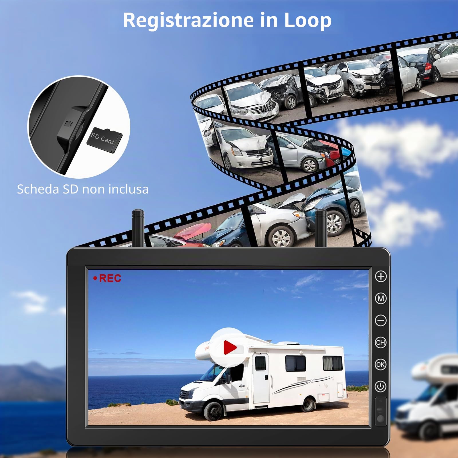 Solare Telecamera Retromarcia Wireless 7 Pollici 1080P Monitor, Magnetica Telecamera Retromarcia Ricaricabile 10000mAh Batteria, Visione Notturna, per Camion, Auto, Roulotte(VS-7B)