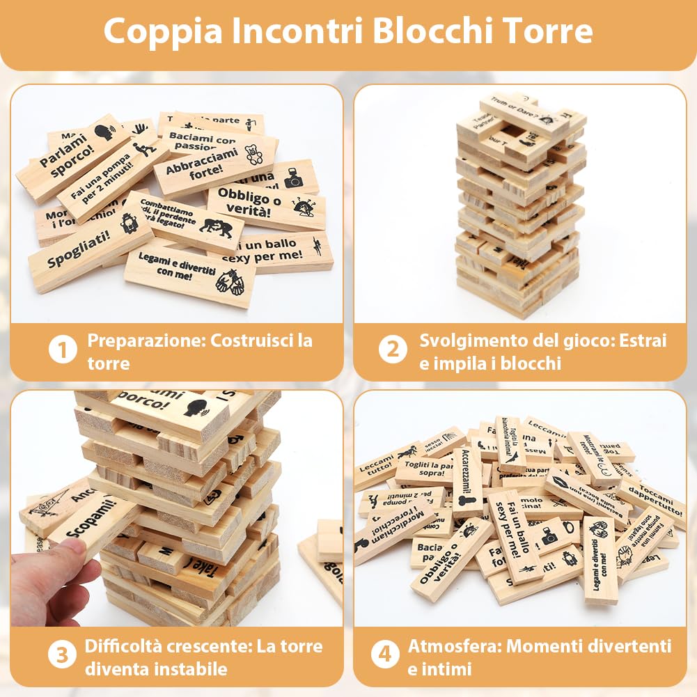 DASIAUTOEM Giochi di Torre della Lussuria, 48 Pezzi Gioco Super Naughty Block Tower, Torre a Blocchi di Coppia Tumbling Lmpilamento in Legno, Regali per Appuntamenti di Coppie Adulte