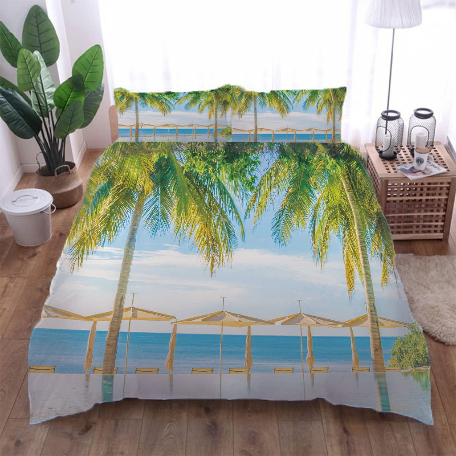 Super King Size Duvet Cover Sets 3 Pieces Ultra Soft Luxury Microfiber, 102x87Inch Easy Care Soft Quilt Cover Bedding Set With 2 Pillowcases, Printed Pattern Duvet CoverView Of The Beach With Coconut