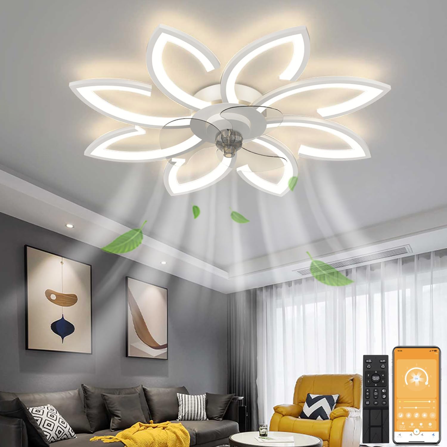 LENIVER 35.5" Ceiling Fan with Lights Remote Control, Modern Low Profile Flush Mount Ceiling Fan with Lights, Dimmable Ceiling Fans 3 Color 6 Speed for Bedroom Living Dining Room Kitchen - White 35.5" White