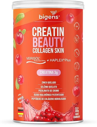 Creatin Beauty Collagen Skin, 3g de Creatina, Peptídeos de colágeno Verisol + Ácido Hialurônico Haplex Plus, 300g, Sabor Cranberry, Bigens