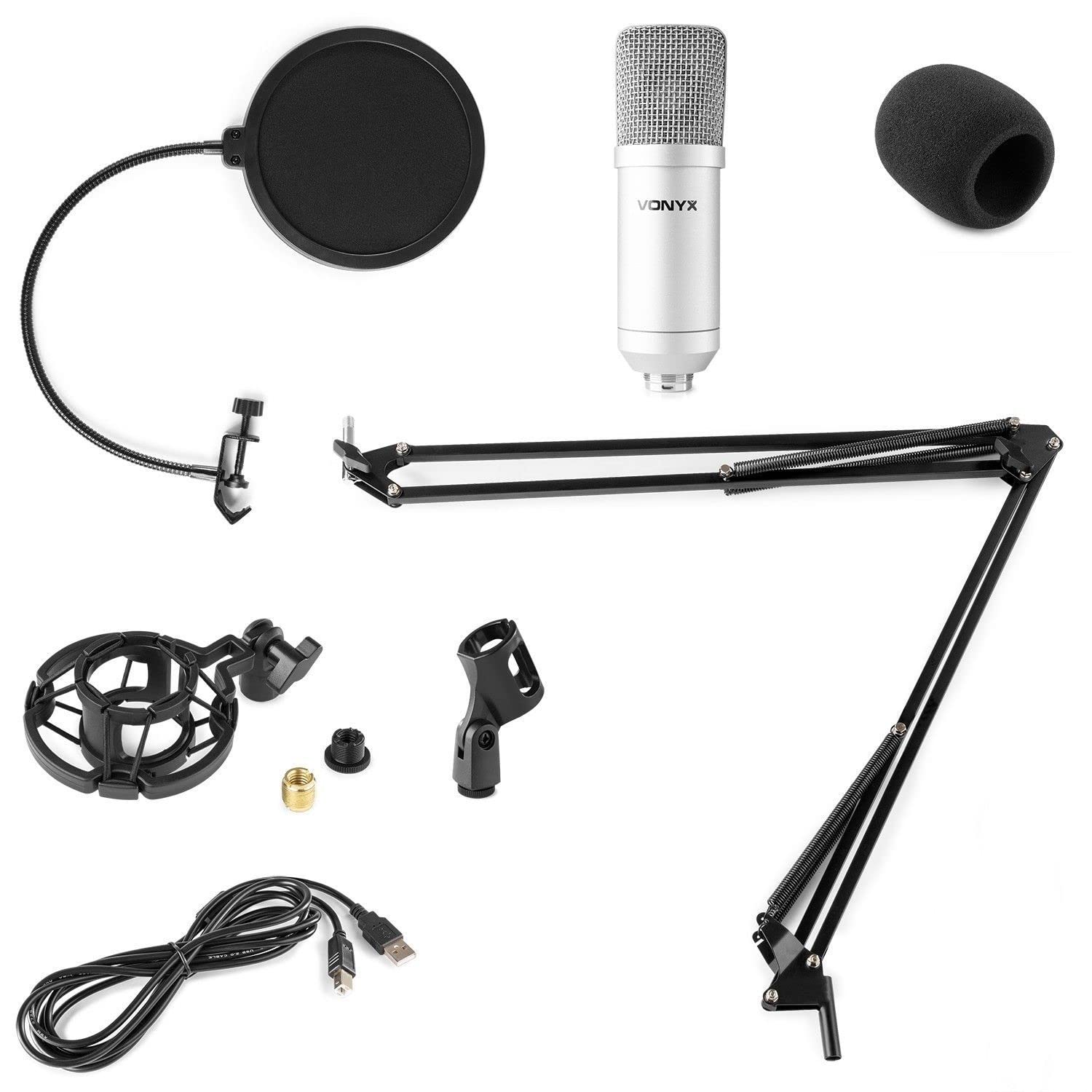 VONYX CMS300S - Microfono YouTube con braccio articolato - Titanio, Micro Professionale con Filtro Anti-Pop, ideale per Gaming, Streaming o per realizzare il contenuto YouTube e Tiktok