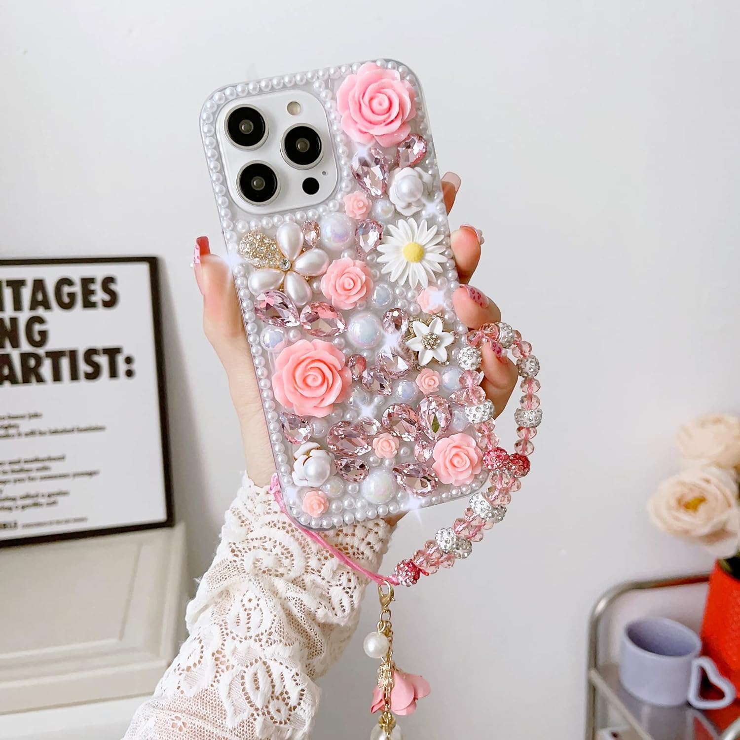 Threesee for iPhone 15 Plus Bling Case,Luxury Crystal Rhinestone Flowers Glitter Diamond Pearl Women Girls Kids Case Cover with Lanyard for iPhone 15
