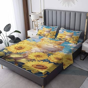 Cat Sheets Twin XL Size, Yellow Sunflower Pattern Sheet Set, Soft Microfiber Wrinkle Free Bedding Sheets & Pillowcases 3 Piece, Bedroom Decor Bed Sheets with 16 Inch Deep Pocket