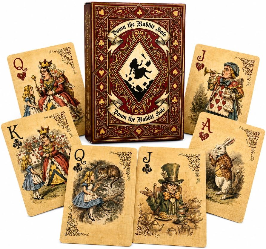 Alice in Wonderland Playing Cards - Vintage Down the Rabbit Hole Deck, 54 Linen-Finish Cards with Illustrated Court Cards & 2 Collectible Jokers, Gift Box for Card Games, Party Decor & Photo Props