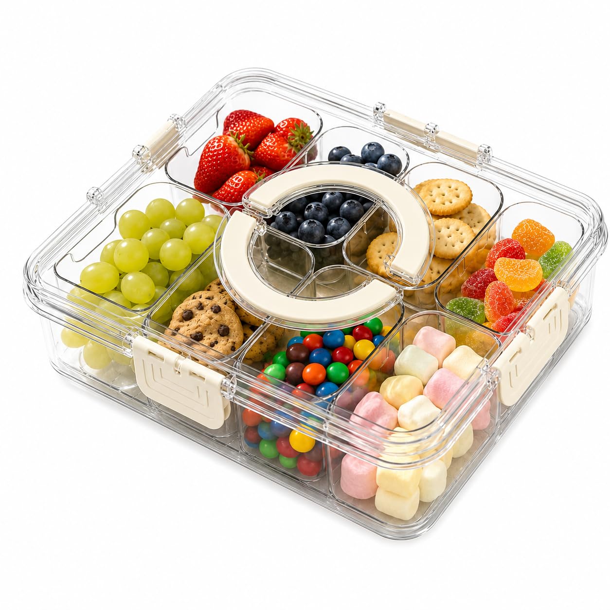 Zenvilo Snackle Box Container with Lid & Handle, 8 Compartment Divided Serving Tray Snack Box, Portable Food Storage Container for Travel,Picnic & Party, Clear Snack Organiser for Fruit, Sweets, Nuts
