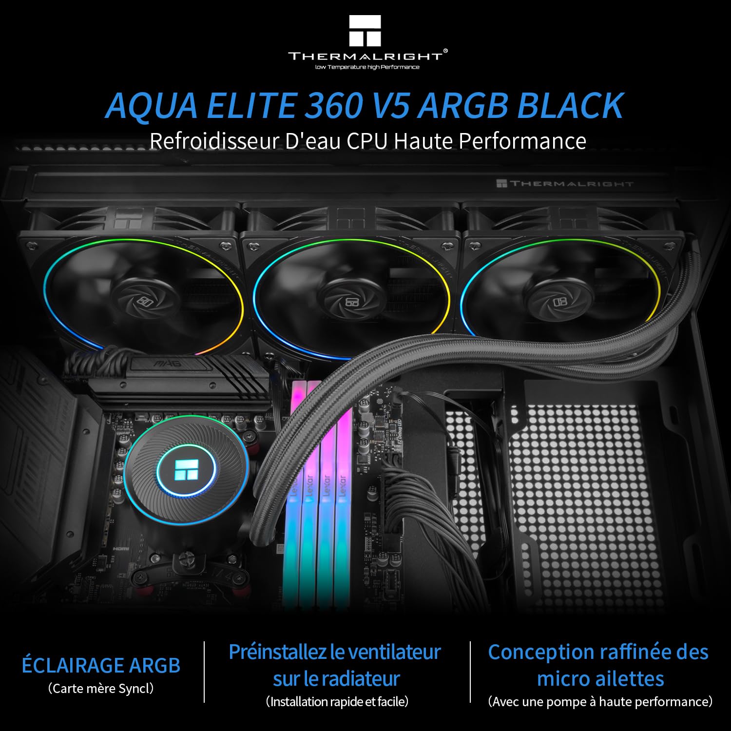 Thermalright Aqua Elite 360 V5 ARGB Noir CPU refroidisseur liquide, 360 taille de rangée de refroidissement, pour AM4 / AM5, Intel LGA115X / 1200/1700/1851, 360mm AIO