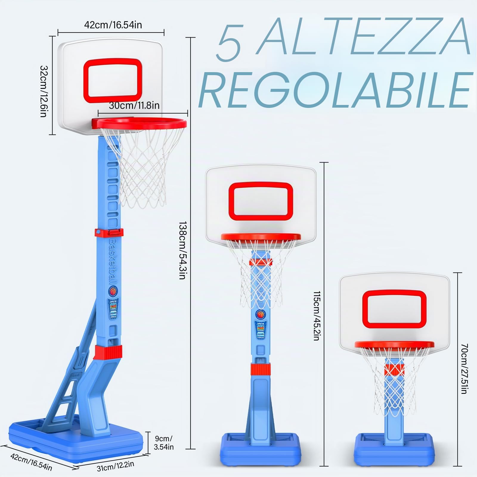 Canestro Basket Bambini, Altezza Regolabile 70-138 CM Con Supporto Mini Canestro Basket Da Camera Per Giochi Per Bambini Dai 3 Agli 8 Anni-Blu
