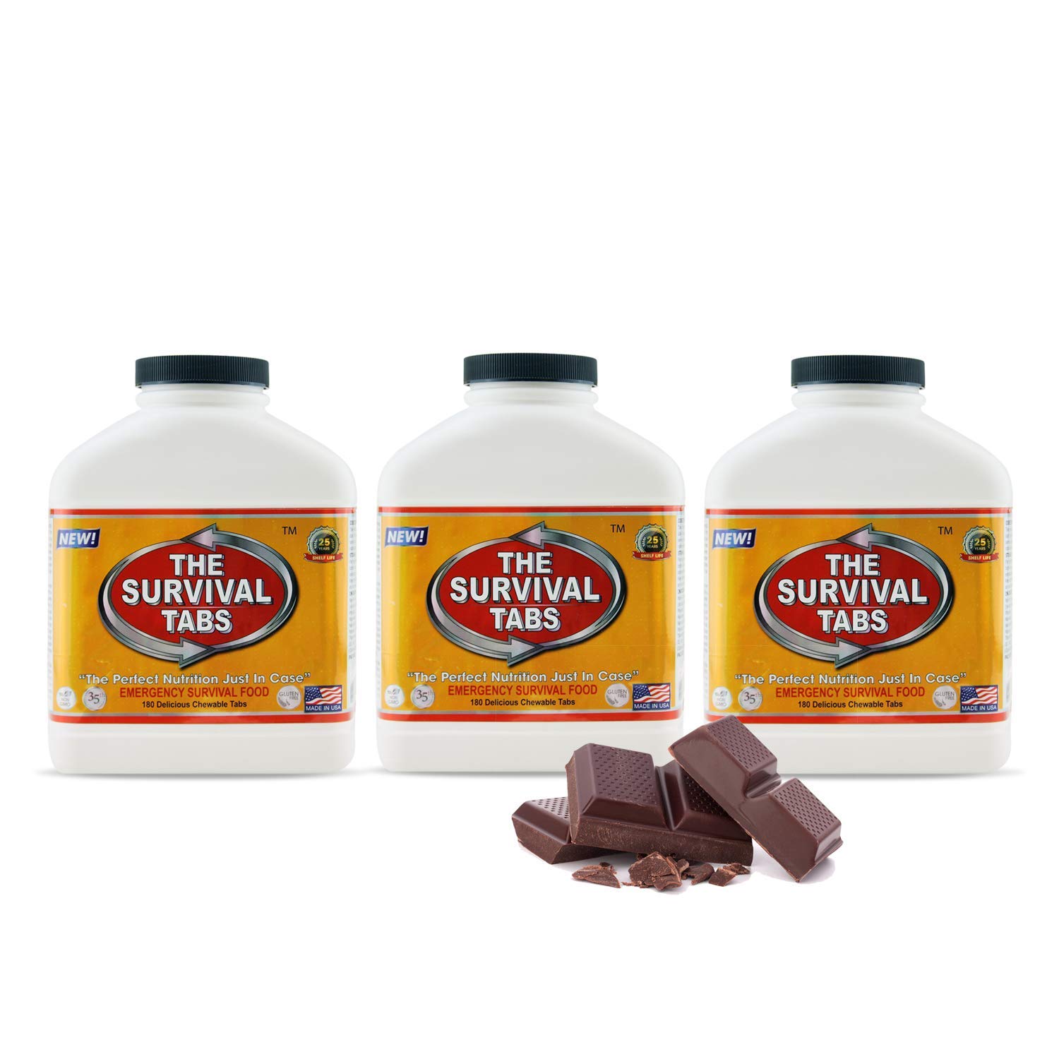 Deluxe Emergency 45 Days Food Supply (1 Person) food meal ready to eat servings (3 x180 tabs bottles) 25-years shelf life none-GMO gluten-free (3 bottles/Chocolate)