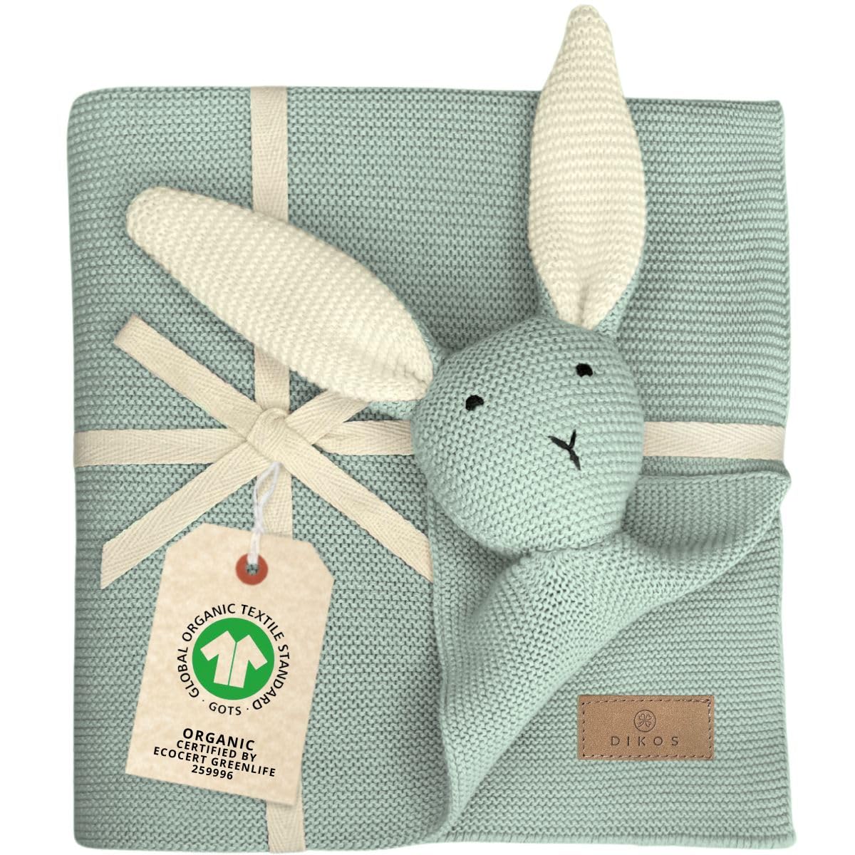 Dikos® coperta & doudou 2 in 1 con coniglietto coccolone (verde menta) – dolce regalo nascita per neonato o neonata – in morbido cotone biologico (GOTS & OEKO-TEX) – ideale come primo peluche per bebè