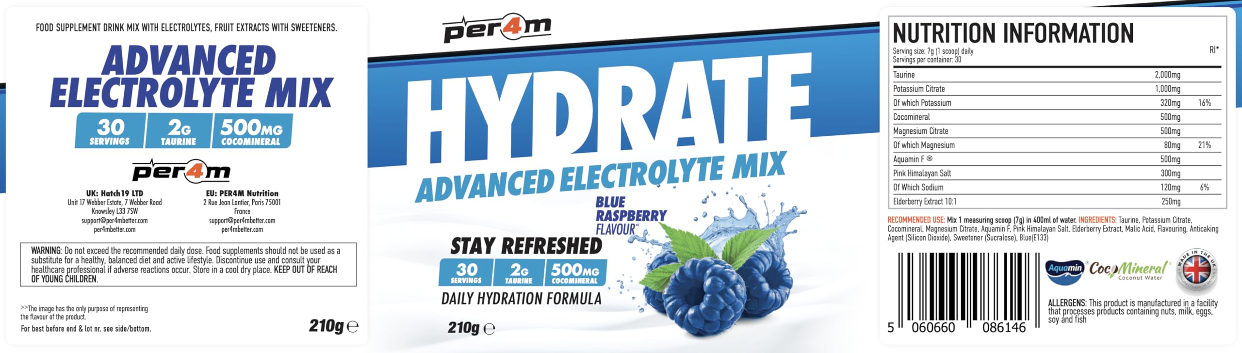 Per4m Hydrate Advanced Electrolyte Mix (210g) Framboise bleue - Énergie et endurance - Electrolytes