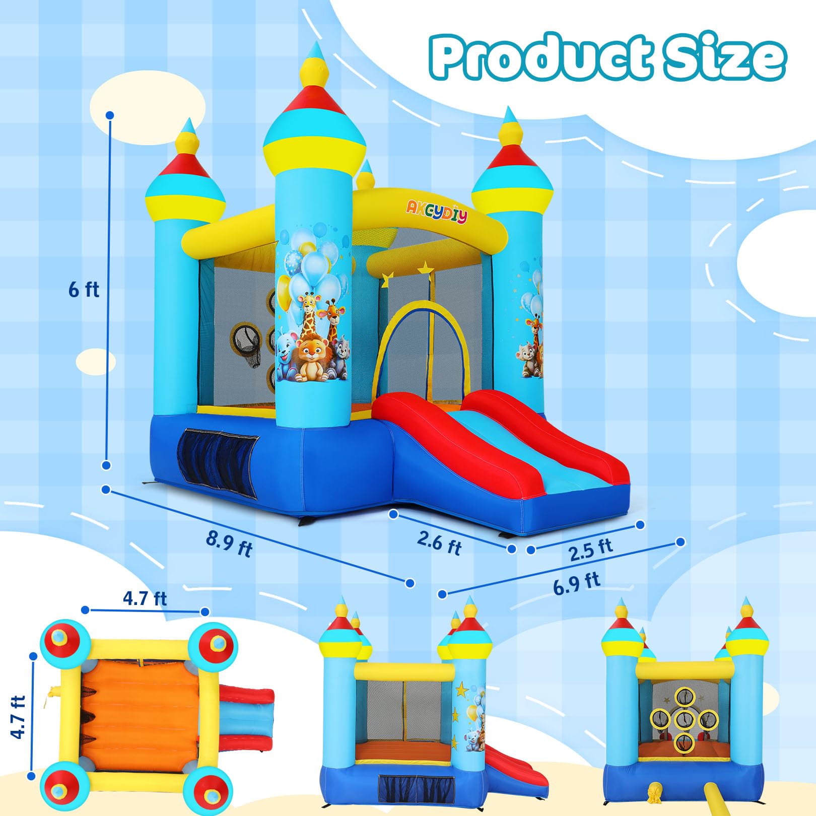 Château Gonflable pour Enfants avec Toboggan, Souffleur, Parc Zoologique Bleu, Château Gonflable pour Enfants avec Souffleur Et Tir De Balles, Maison Gonflable Intérieure/Extérieure (Bleu)