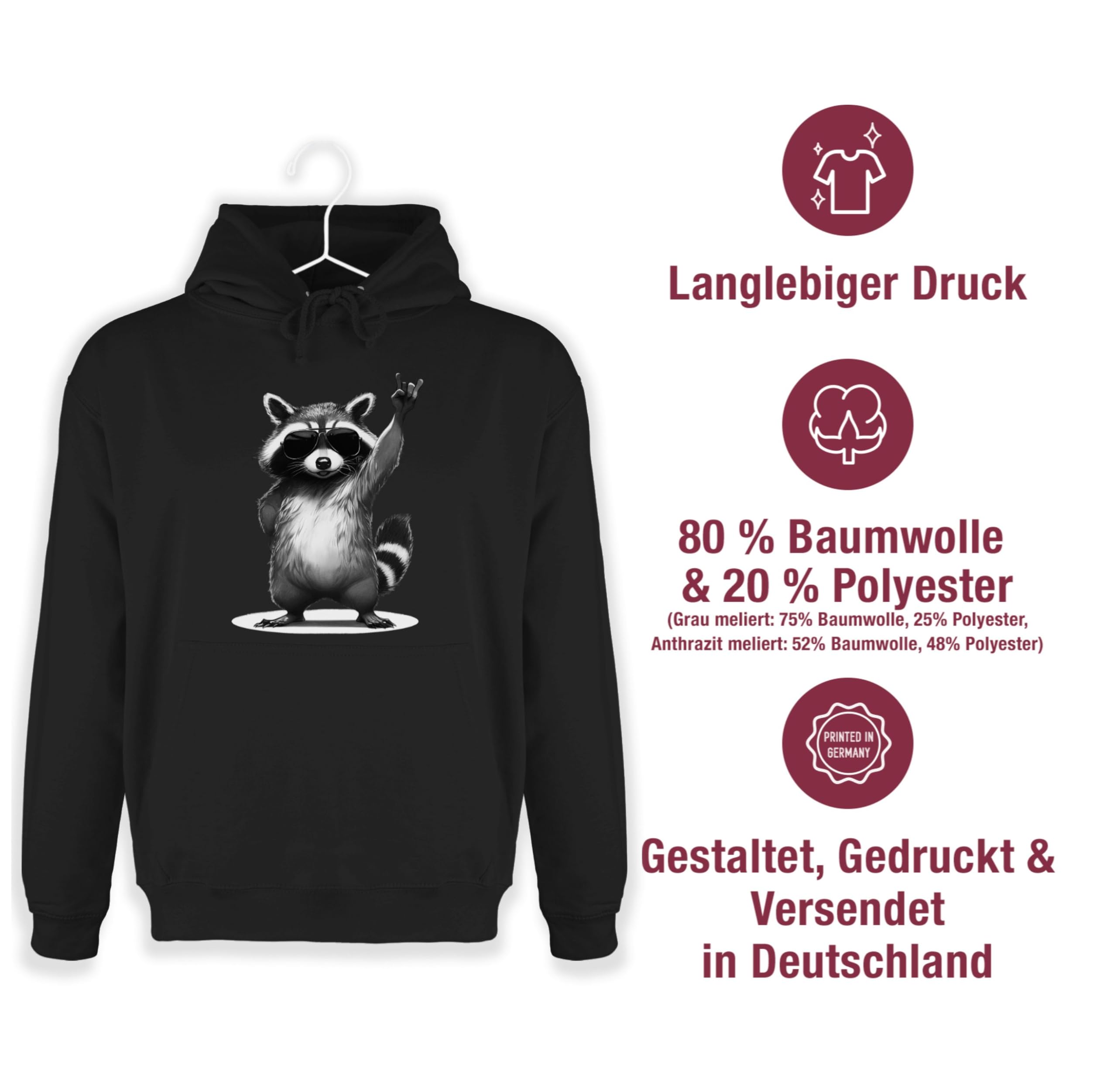 Shirtracer - Hoodie Herren Pullover Männer - Retro Waschbär Rocker lustig I Lustiges Rock Musik Geschenk Waschbären I Funny Rock Star Raccoon Geschenk Metal Racoon