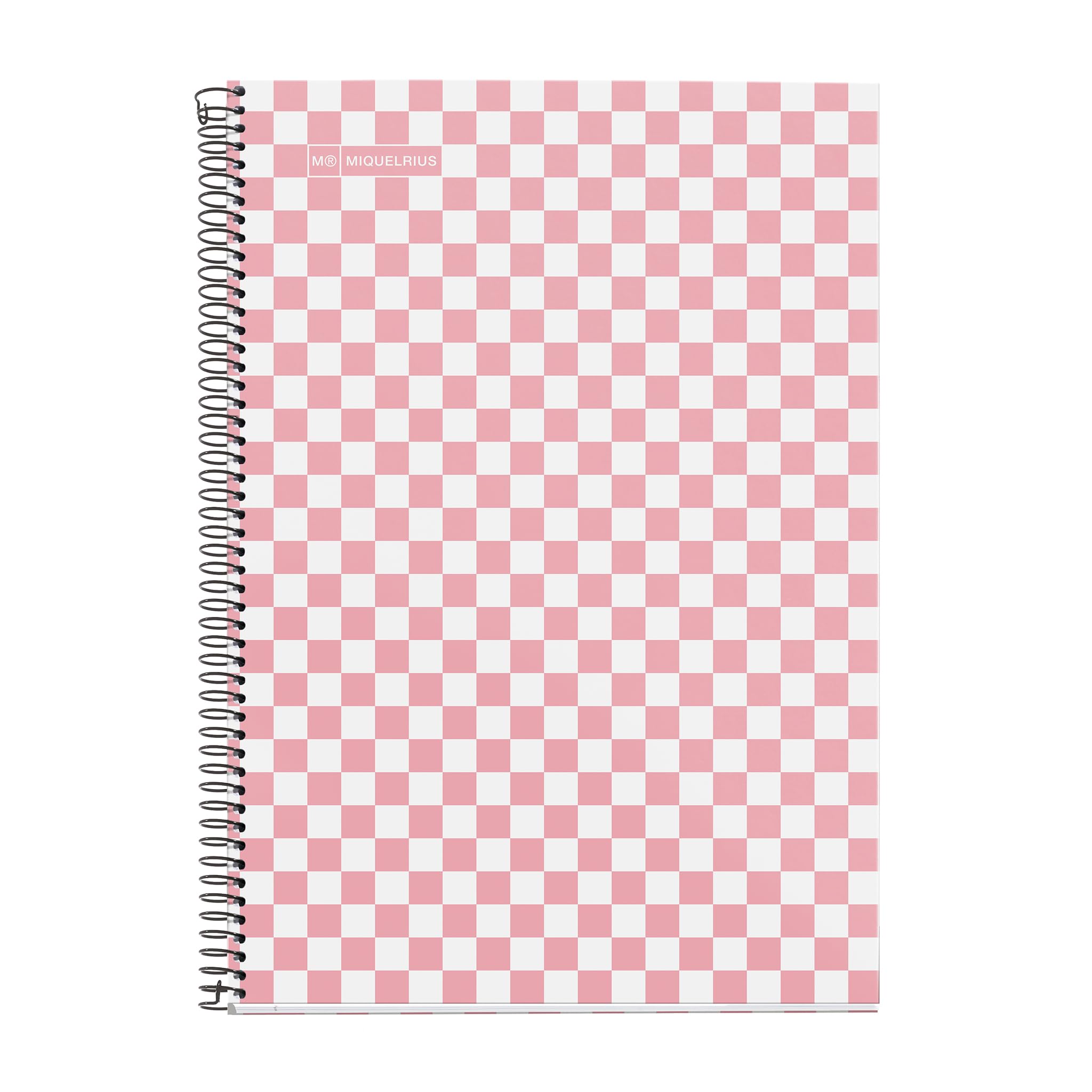 Miquelrius - Cuaderno Escolar 4x4 mm, Tamaño Folio (215 x 309 mm), 80 Hojas de 90 g/m², Cuadrícula 4x4 mm con margen, Encuadernado Espiral, Cubierta rígida, Diseño damero rosa