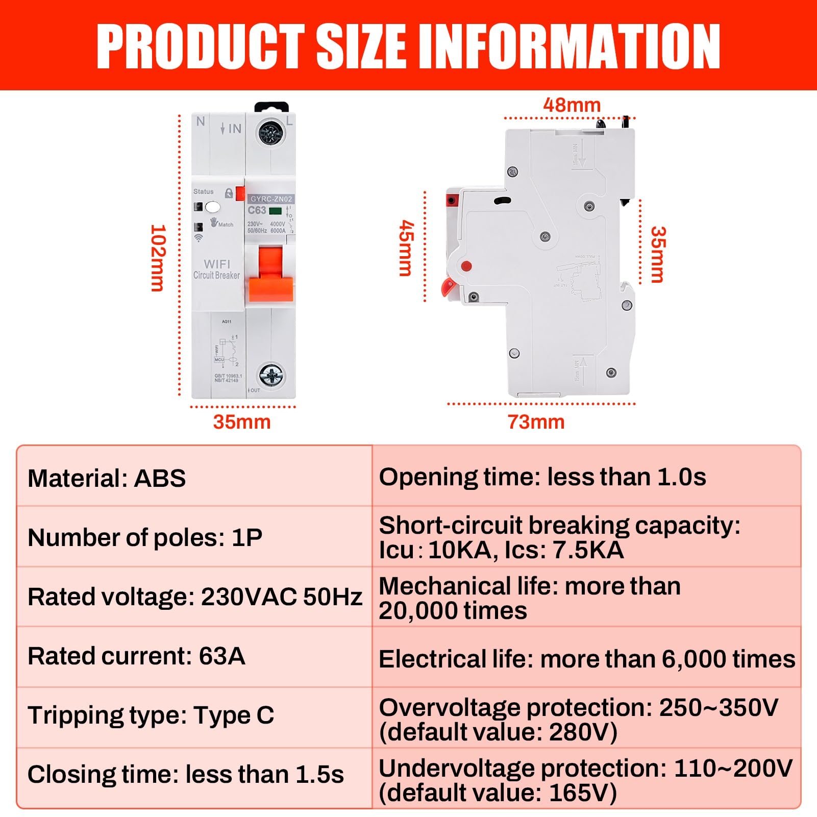 Jadeshay Salvavita con Riarmo Automatico 1P 63A 230V Interruttore Magnetotermico Automatico Timer Relè con Protezione Sovratensione Sottotensione e Sovraccarico,Controllo Remoto Tramite Tuya APP WiFi