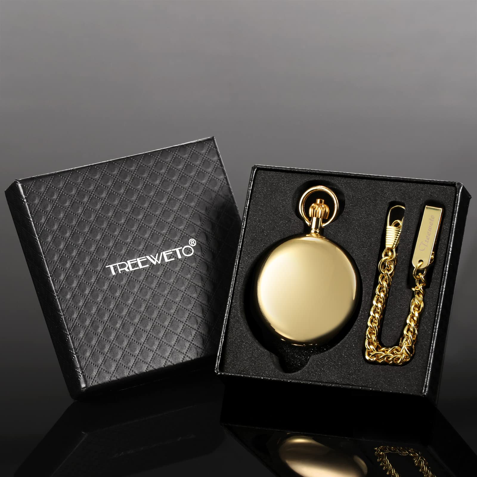 TREEWETO Reloj de bolsillo plateado/dorado con esfera de esqueleto y movimiento mecánico con cadena + caja de regalo