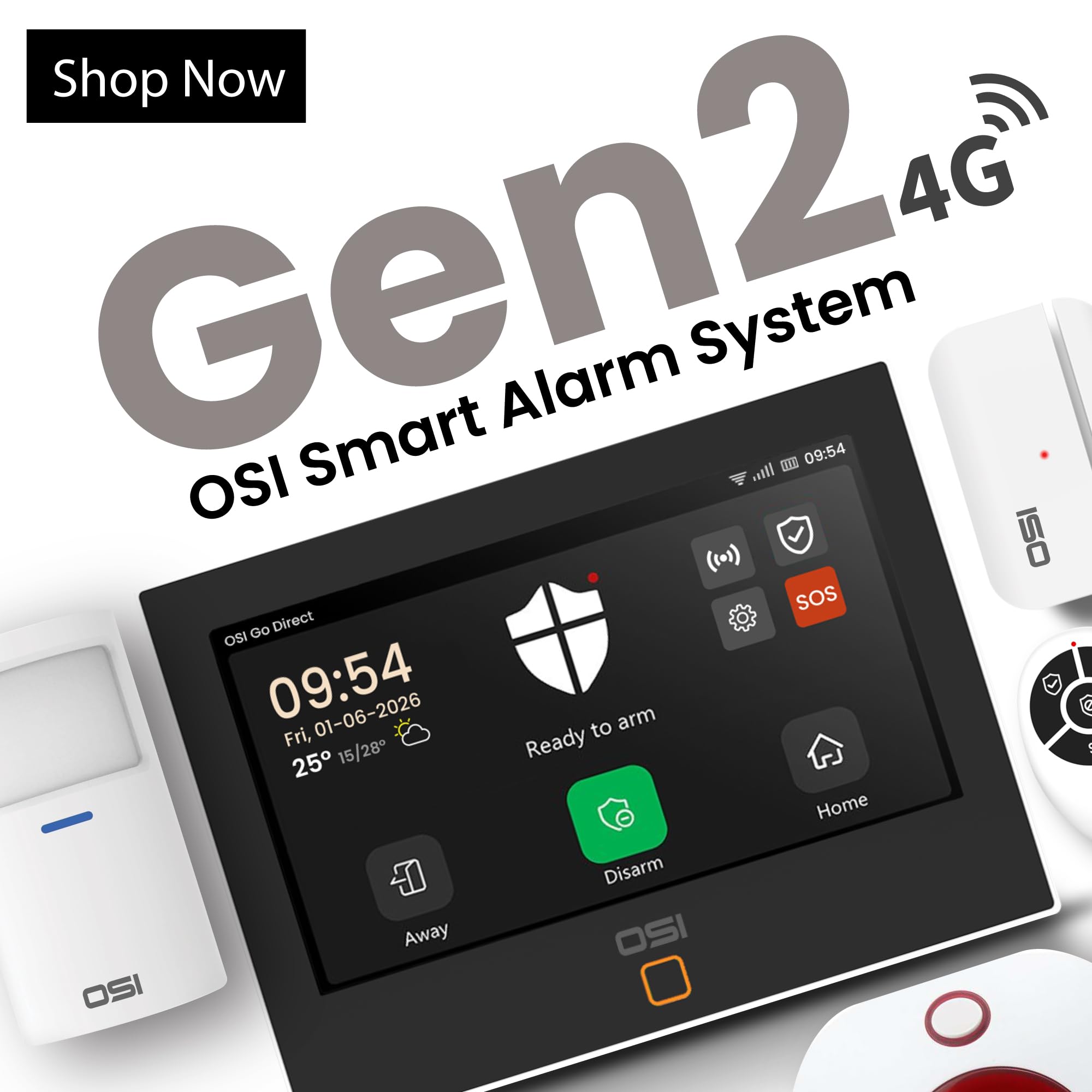 OSI Alarm System for Home Security (Gen 2)11 piece. DIY, Touch Screen, Motion Detection, Contact sensors, Wireless Siren, Remotes, Phone App, Compatible with Alexa, Continuous Updates,NO Monthly Fees